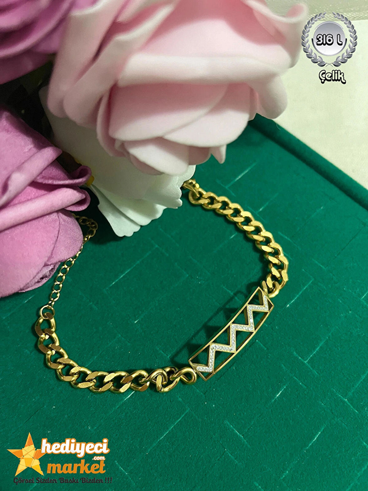 316 L - Paslanmaz Çelik Gold Taşlı Kuyumcu Model Bileklik - HMÇB-0101
