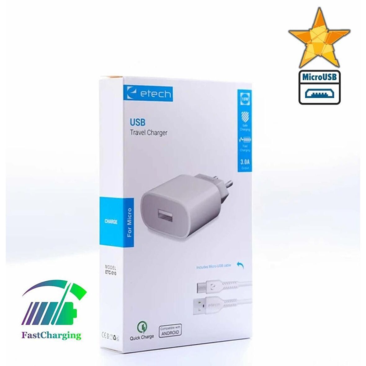 ETECH ETC-010 3.0A 15 / 18W Fast Micro Şarj Cihazı (Quick Charge)