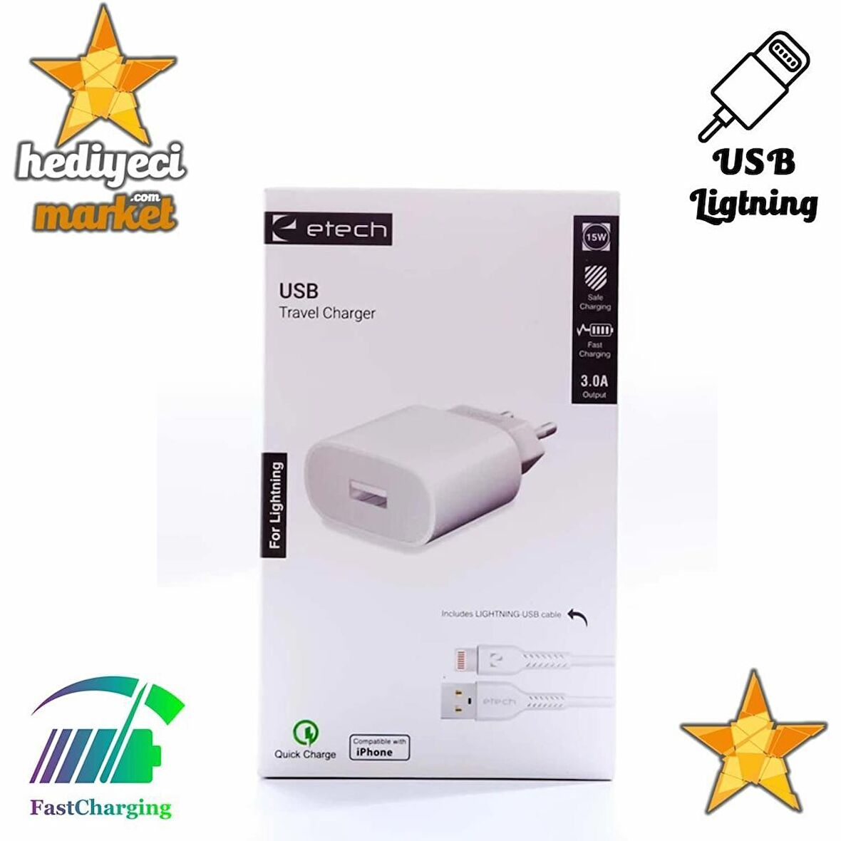 ETECH ETC-012 3.0A 15/18W Fast IP Lightning Şarj Cihazı