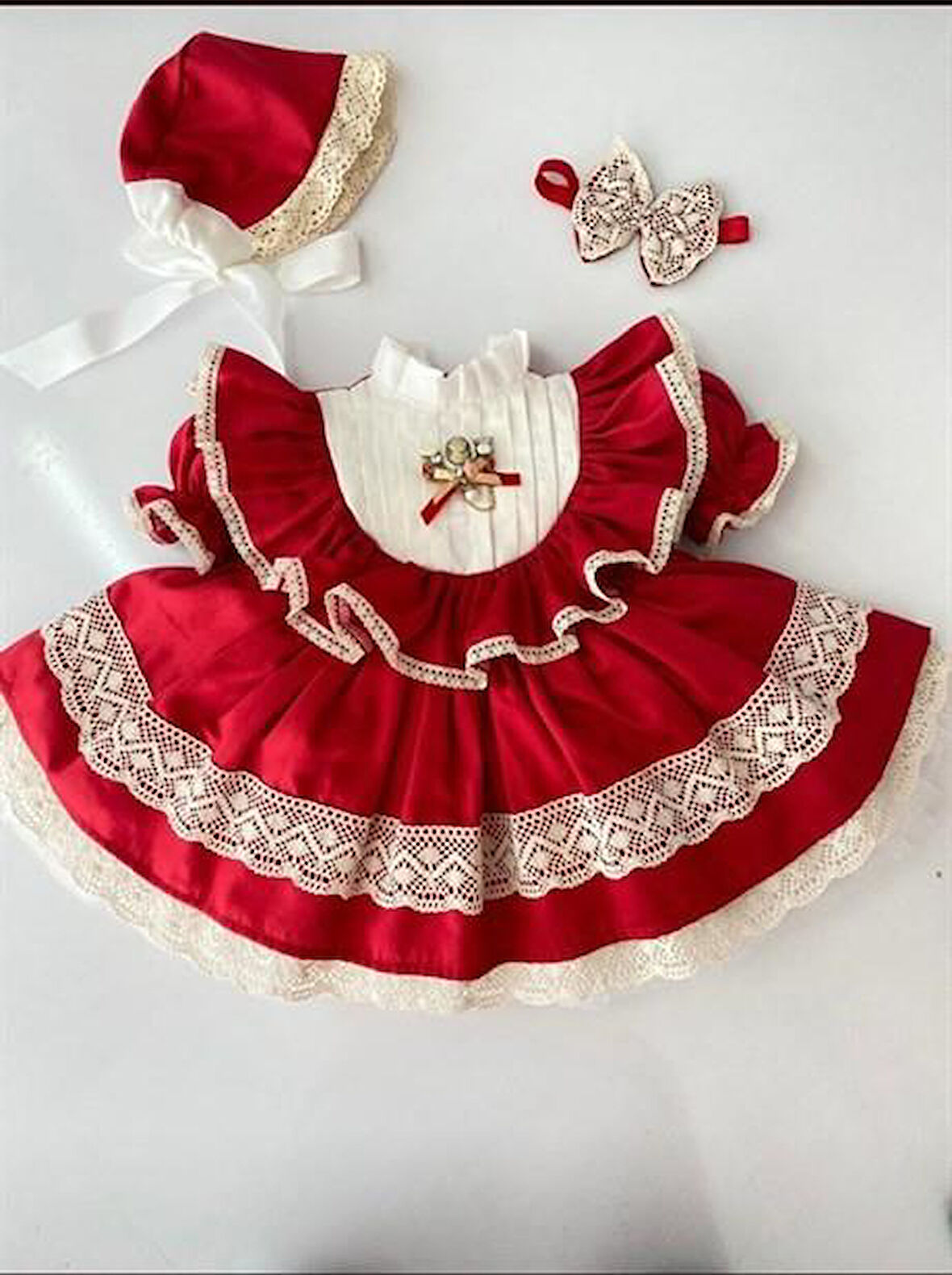 Kırmızı Pamuk Saten Vintage Kız Bebek Elbisesi, Özel Dikim Kız Çocuk Elbisesi, Doğum günü elbisesi, fotoğraf çekim elbisesi, Kız Bebek Hediyesi, 0-12 Yaşa Uygun