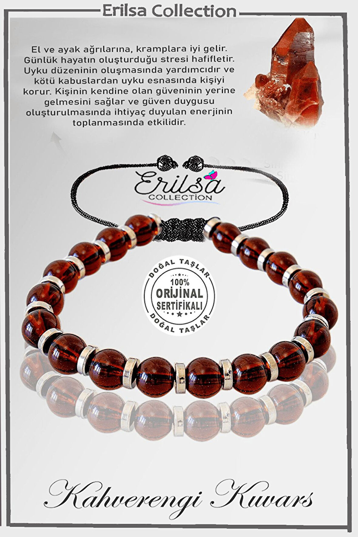 Sertifikalı Silver Hematit - Kahverengi Dumanlı Kuvars Taşı Bileklik - Ayarlamalı