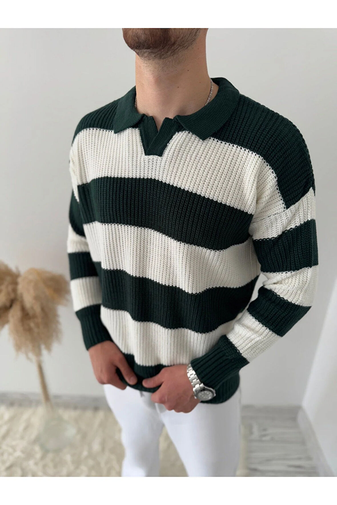 RAHAT KALIP ERKEK POLO YAKA ÇİZGİLİ TRİKO KAZAK