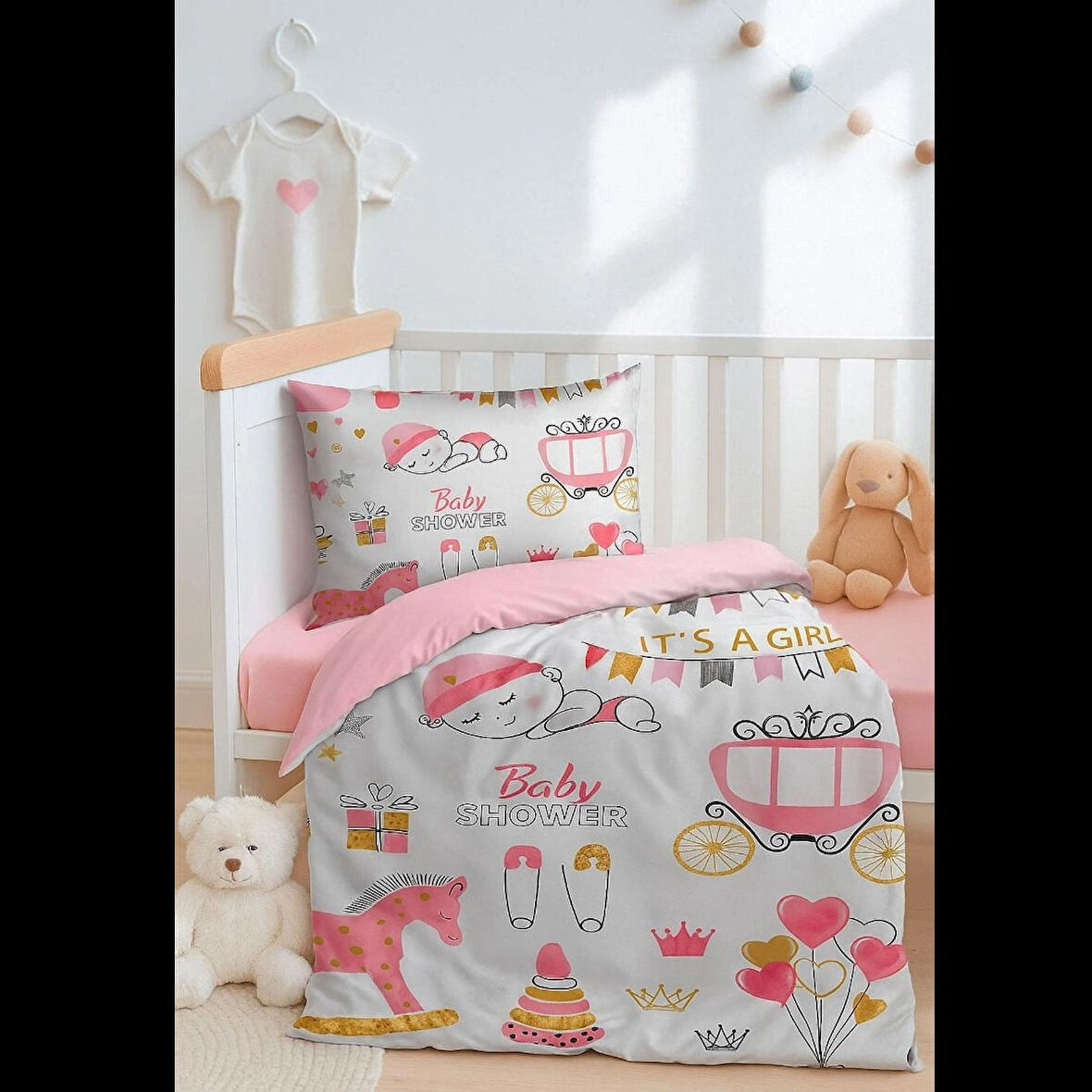 Dijital Baskılı 3d Pamuklu Yenidoğan Bebek Nevresim Takımı Happy Baby Shower