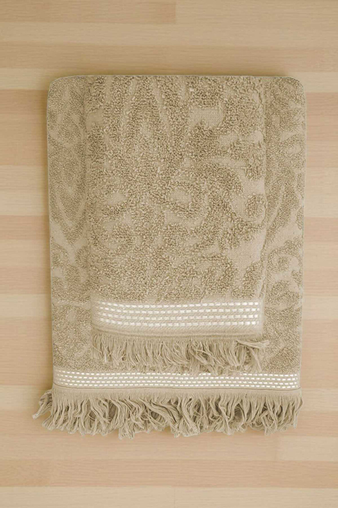 2 Parça Jakarlı Banyo Havlu Takımı %100 Pamuklu 90x150 Cm Arden Bej 