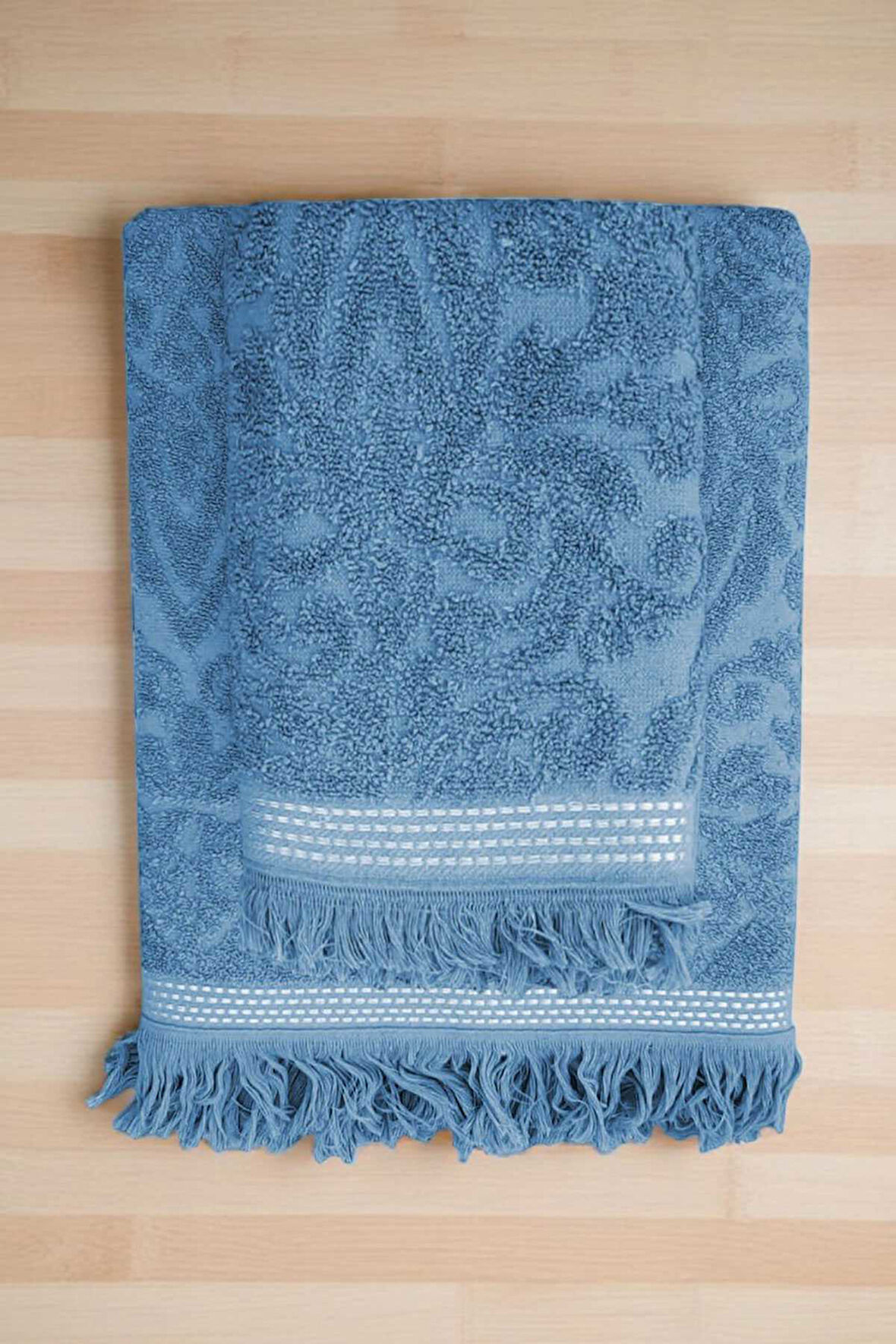2 Parça Jakarlı Banyo Havlu Takımı %100 Pamuklu 90x150 Cm Arden - Mavi