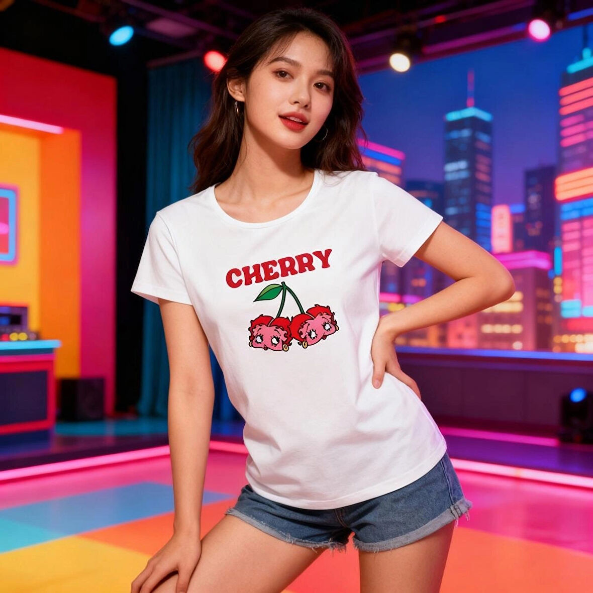 Crimson Cherry Vibes – Feminine Fit T-Shirt Beyaz