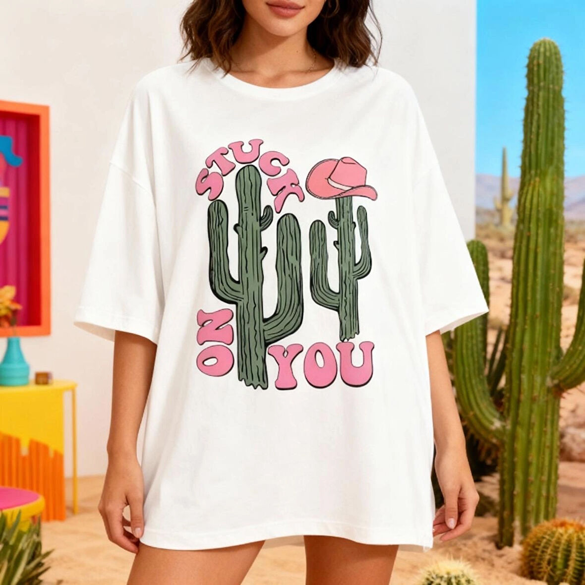Stuck on You – Kaktüs Edition Oversize Unisex T-Shirt Beyaz