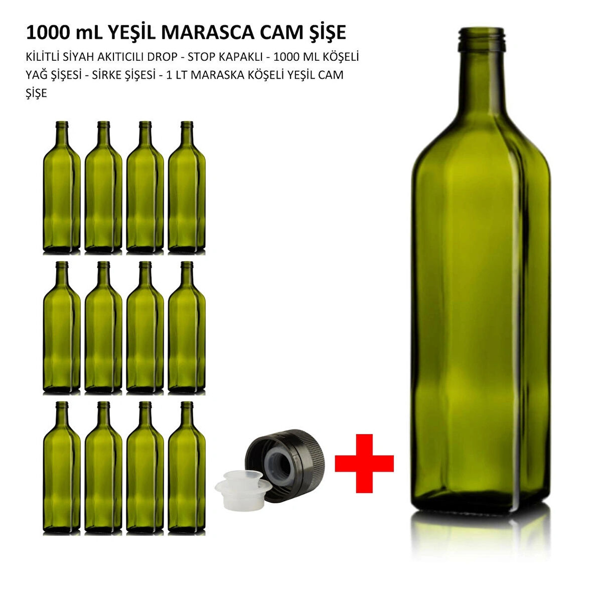 12 Adet X Handelika Yeşil Maraska Yağdanlık Kapaklı 1000 ml Köşeli Cam Şişe 