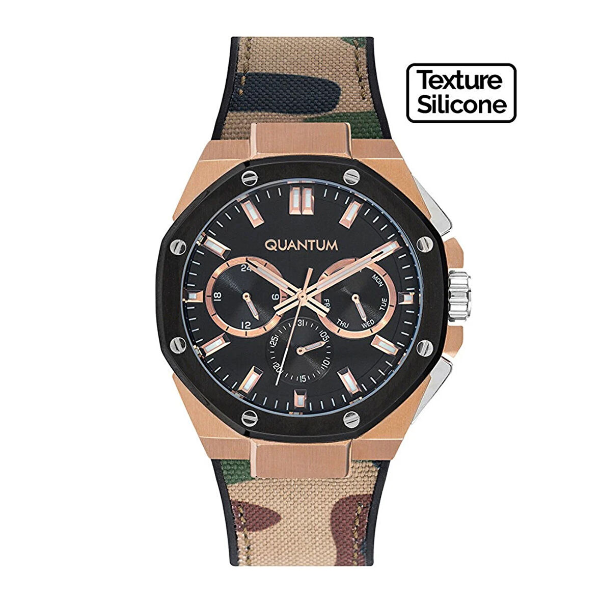 Quantum HNG921.855 Erkek Kol Saati | Kamuflaj Desenli Kayış, Gun-Rose Kasa, Sportif Multifonksiyon