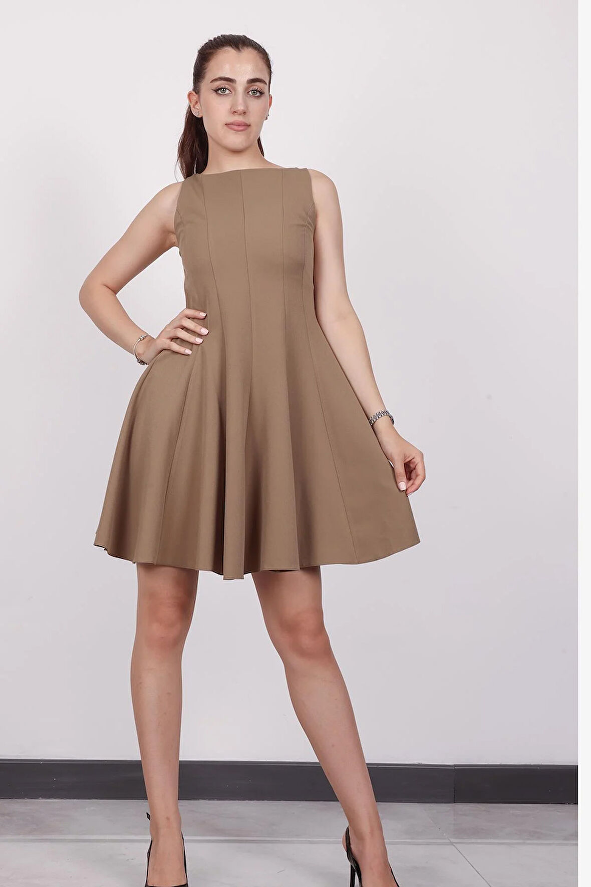Kadın Kahverengi Kolsuz Mini Elbise