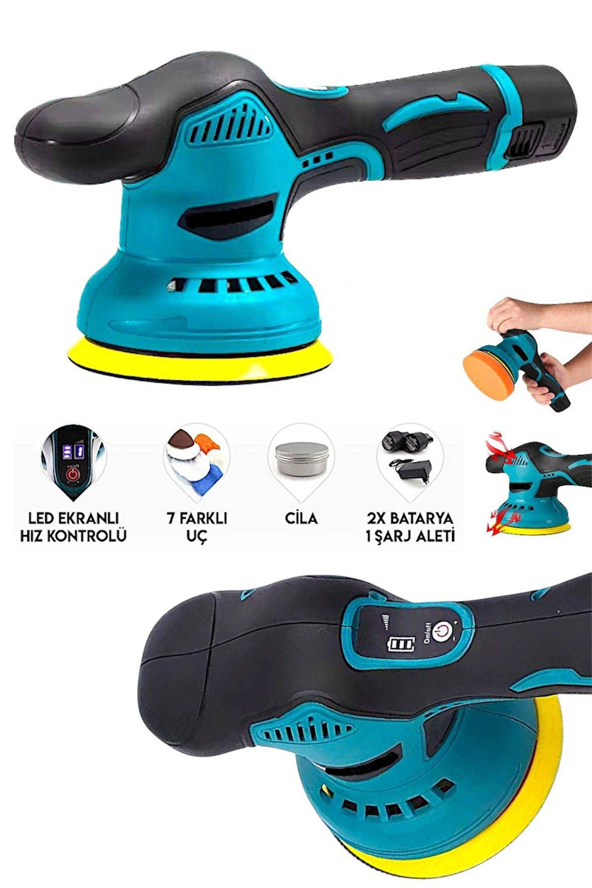 Orbital Kablosuz Akülü Lityum 2x Batarya 6 Devir Ayarlı Detay Pasta Cila Polisaj Makinesi Ful Takım
