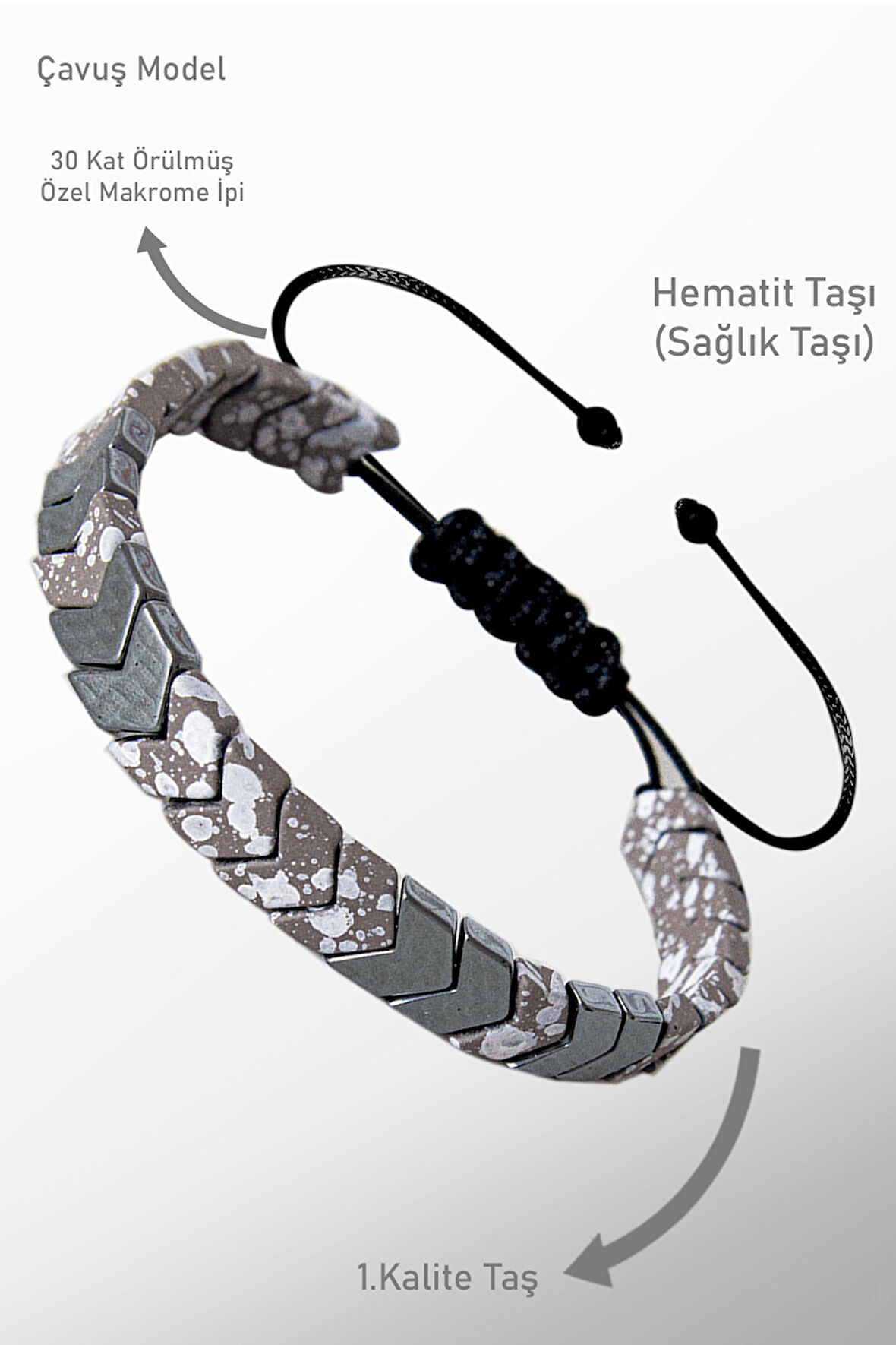 Sertifikalı Çavuş Model Gri Karlı Kuvars - Hematit Taşı Bileklik - Ayarlamalı