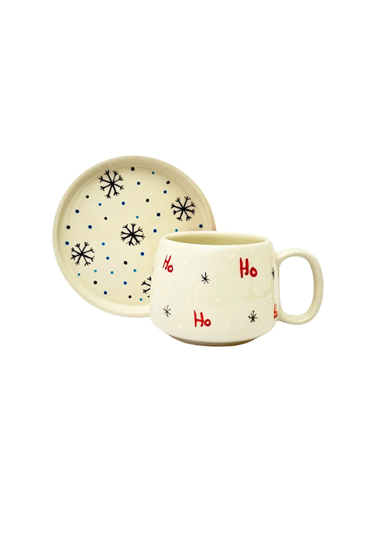 HO HO HO Tabaklı Double El Yapımı Seramik Kupa, Seramik, Double Türk Kahvesi, Nescafe Fincanı