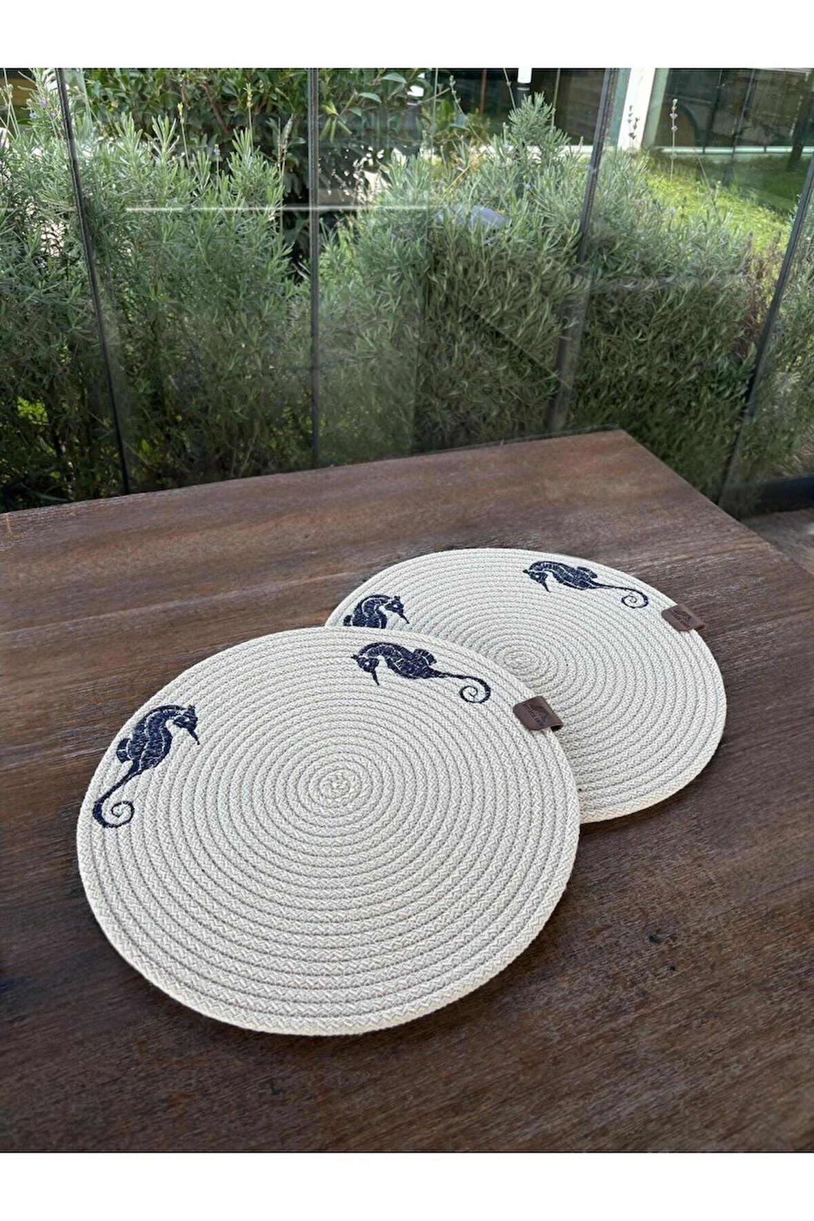 2'li Set Deniz Atı İşlemeli Amerikan Servis-Leke Tutmaz Natural 33 cm