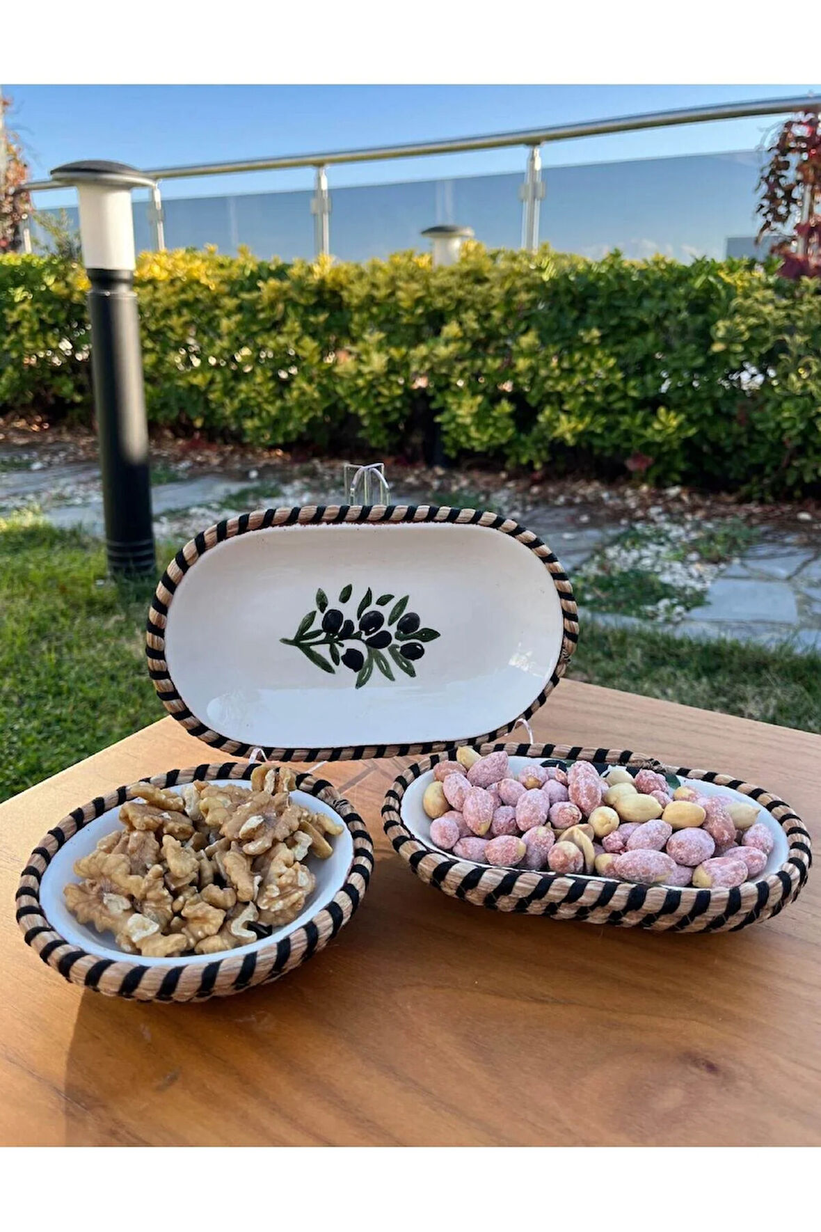 El Yapımı Sunum Kase Seti | Leke Tutmaz | Hasır Görünümlü İp Kenar Tasarım – 3’lü Sunum Seti