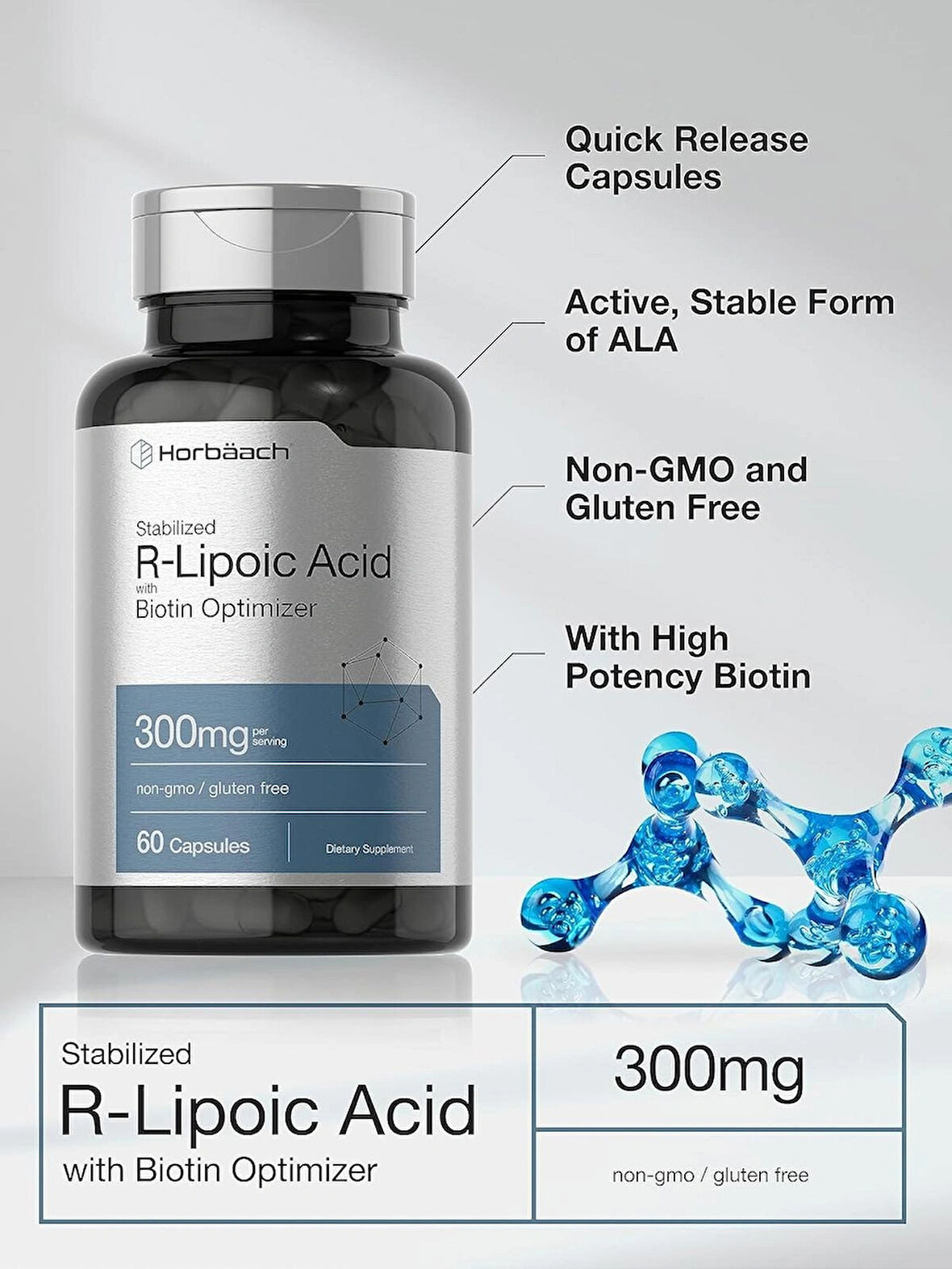 Horbäach Stabilized R-Lipoic Acid Biotin Optimizer Na-RALA 300mg 60 Caps