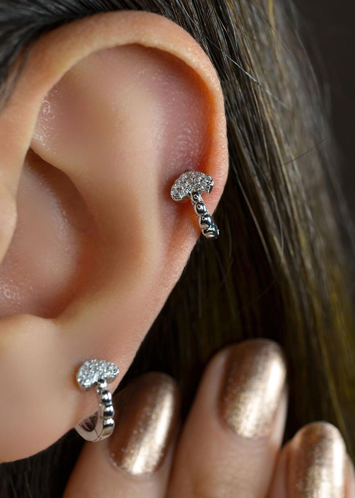 Taşlı Kalp Halka Piercing Helix Kıkırdak Lob Gümüş Renk