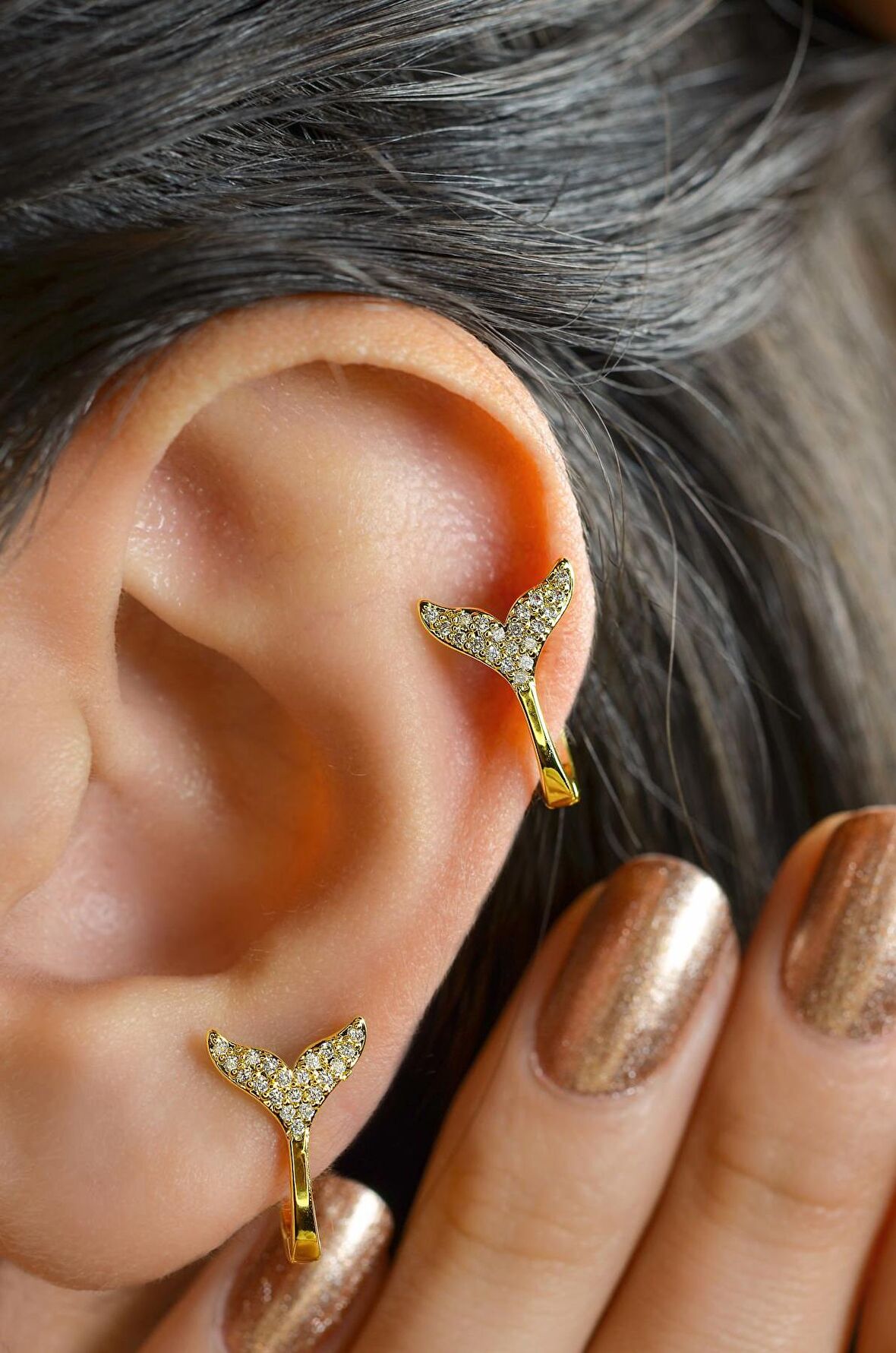 Balina Kuyruğu Şans Piercing Helix Kıkırdak Lob Gold Renk