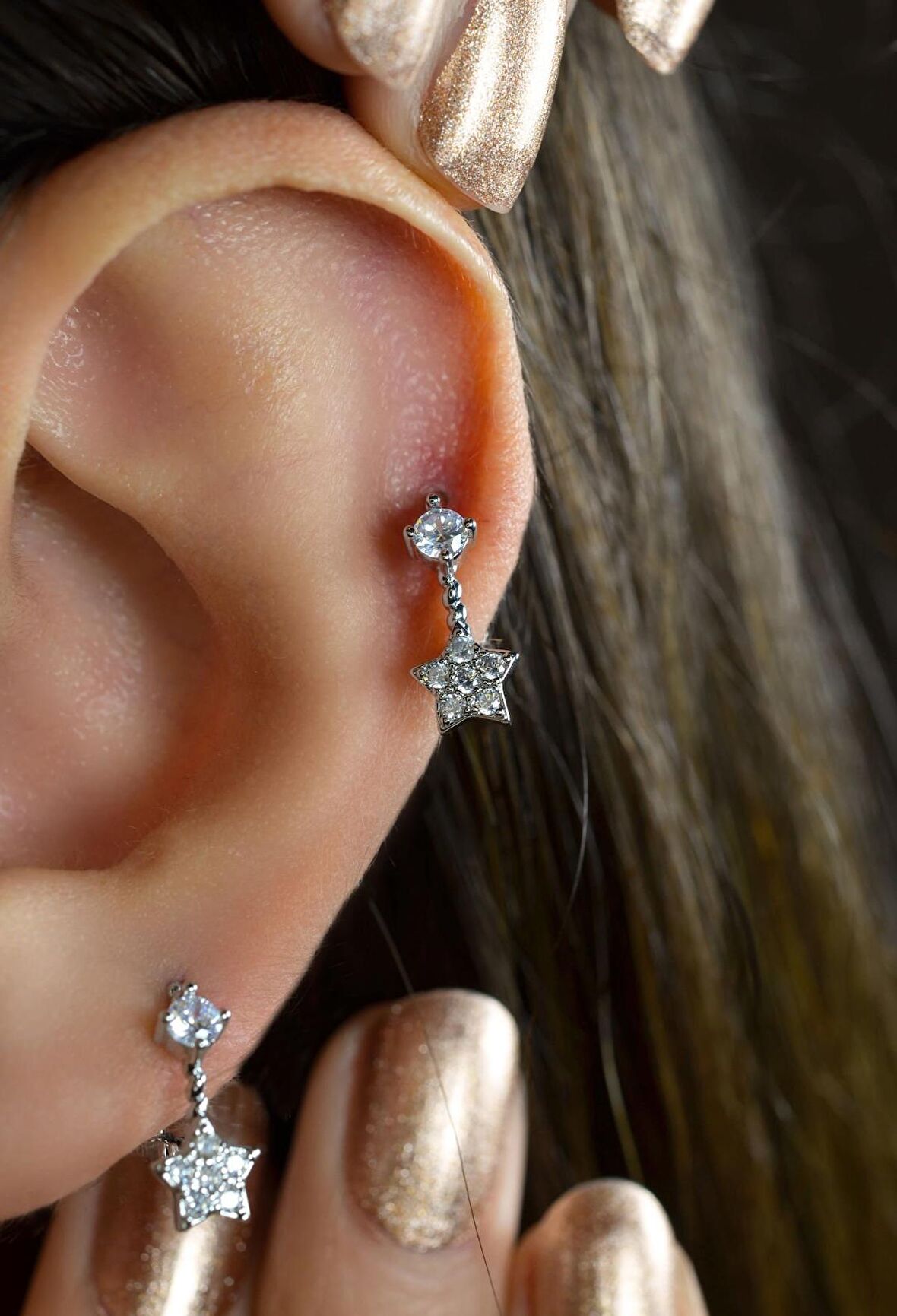 Yıldızlı Halka Piercing Helix Kıkırdak Gümüş Renk