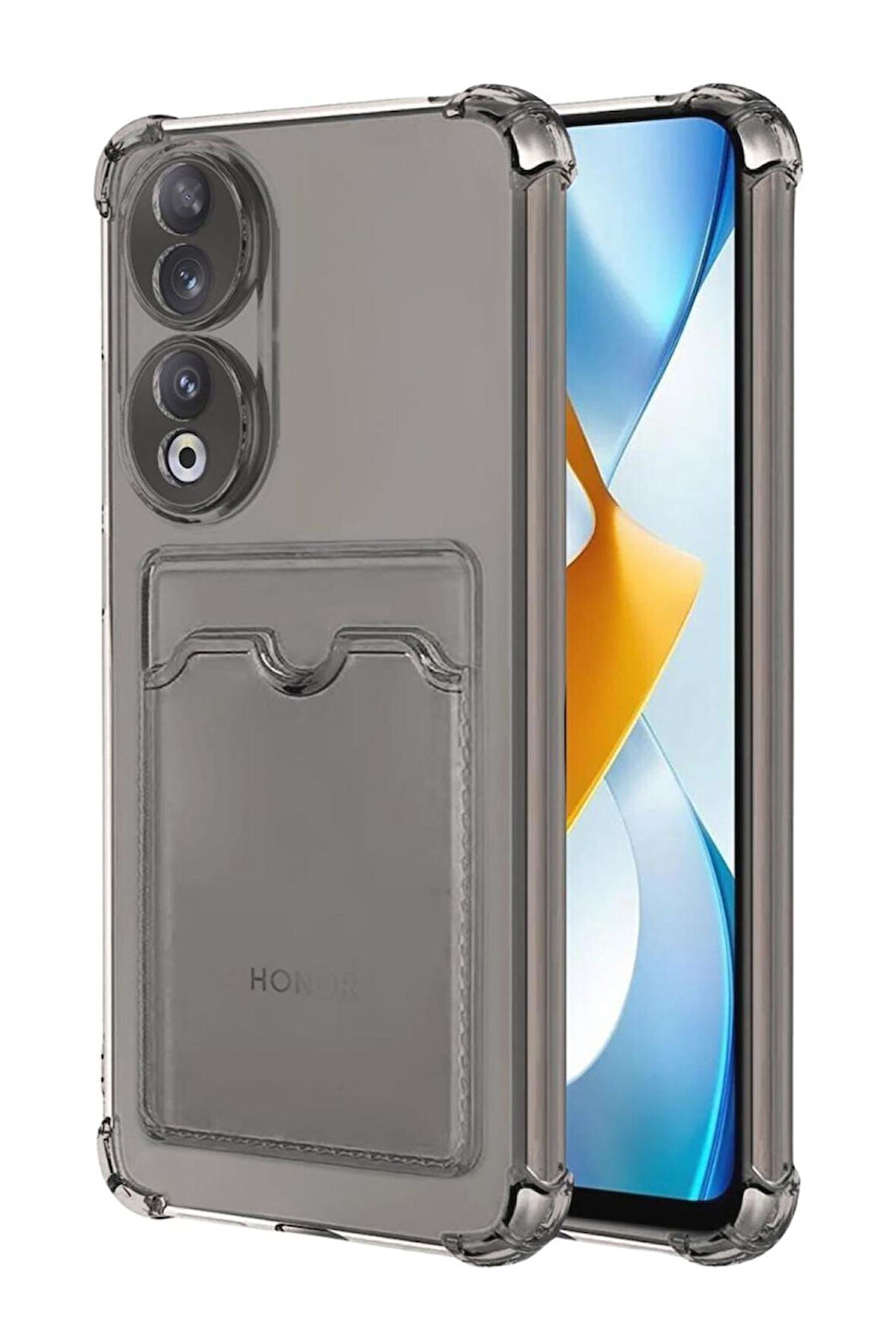Honor 70 Uyumlu Kılıf Darbe Emici Köşe Korumalı Kartlıklı Cüzdanlı Silikon Kapak - Füme