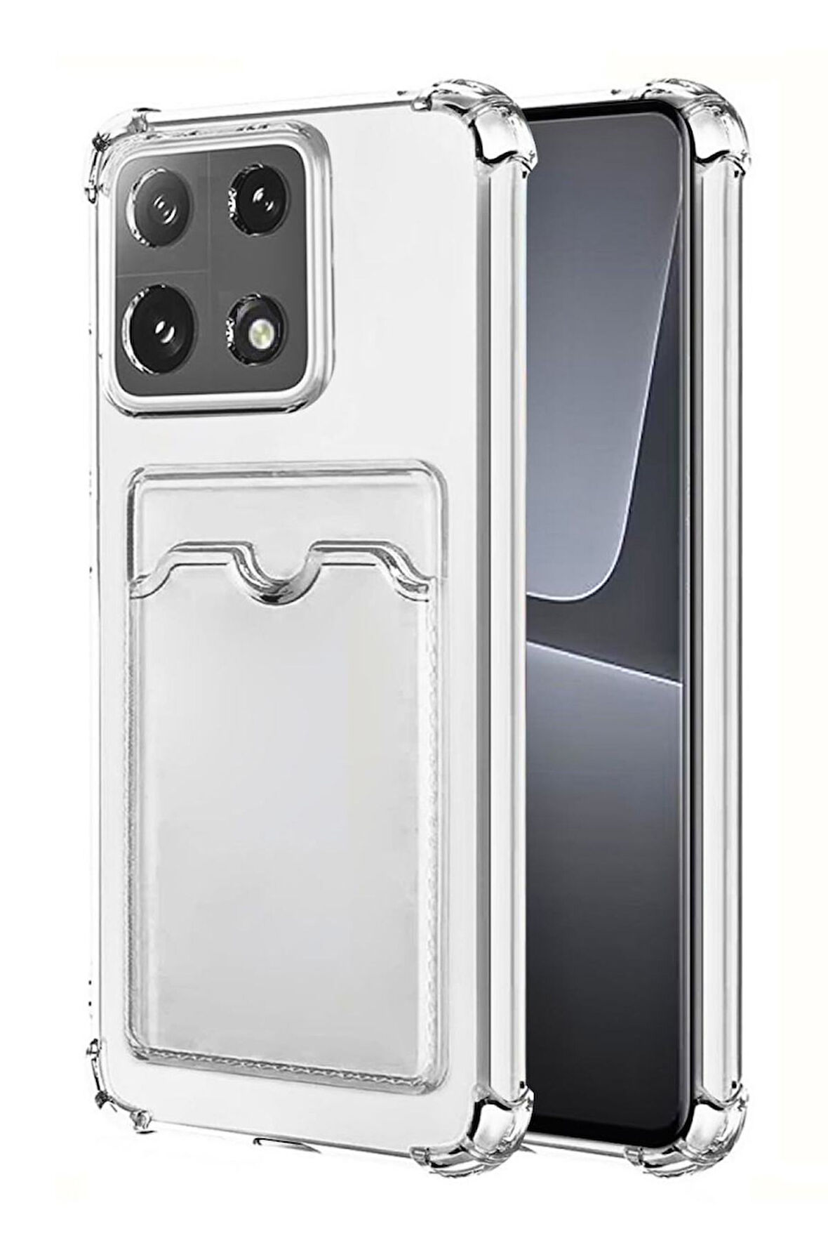 Xiaomi 14T Pro Uyumlu Kılıf Darbe Emici Köşe Korumalı Kartlıklı Cüzdanlı Silikon Kapak - Şeffaf
