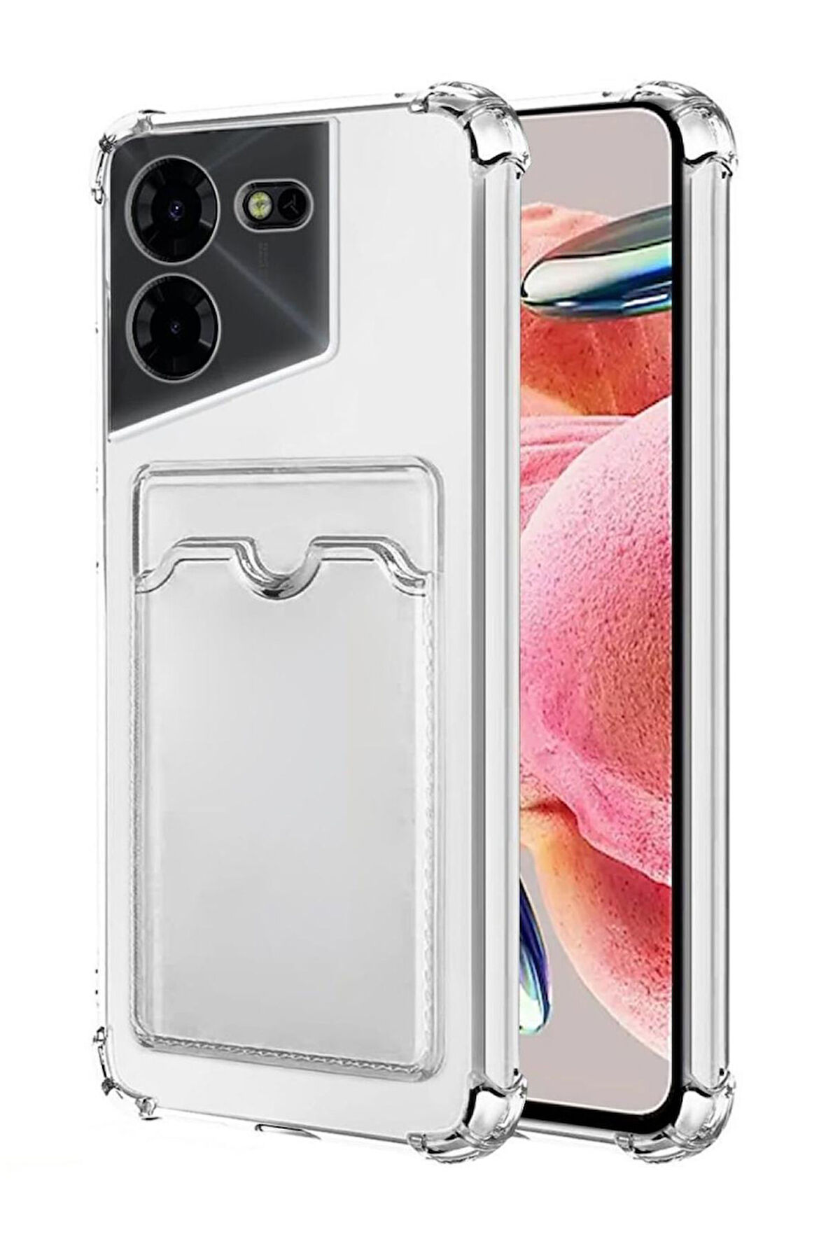 Tecno Pova 5 Pro Uyumlu Kılıf Darbe Emici Köşe Korumalı Kartlıklı Cüzdanlı Silikon Kapak - Şeffaf