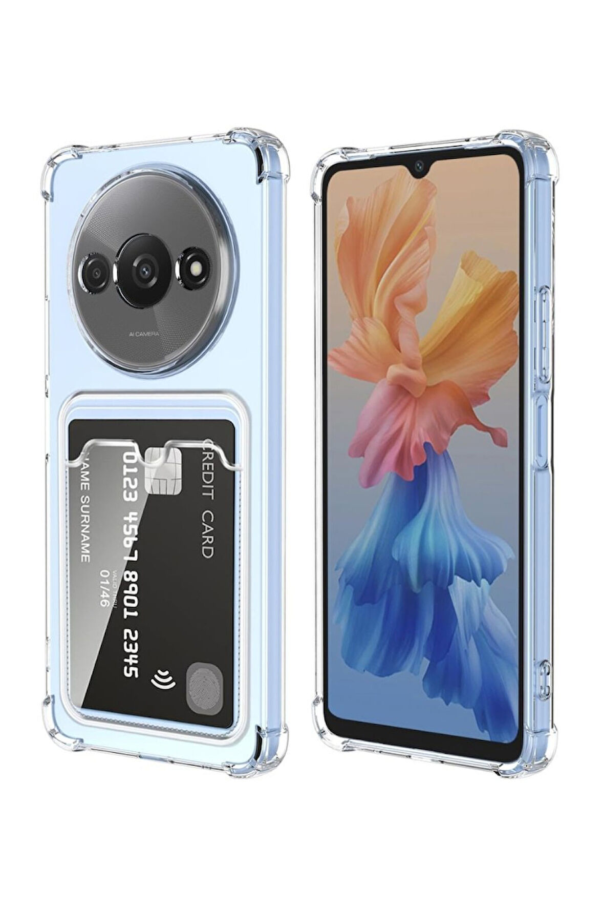 Redmi A3 4G Uyumlu Kılıf Darbe Emici Köşe Korumalı Kartlıklı Cüzdanlı Silikon Kapak - Şeffaf