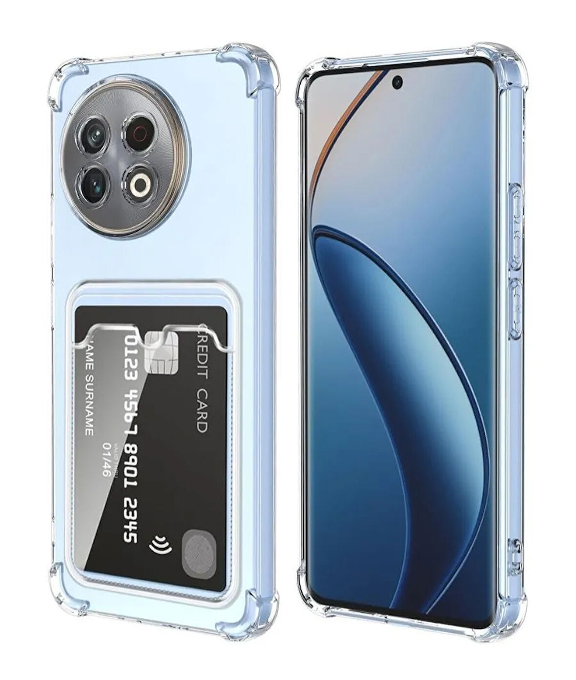 Tecno Spark 30 Pro Kılıf Darbe Emici Köşe Korumalı Kartlıklı Cüzdanlı Silikon Kapak - Şeffaf