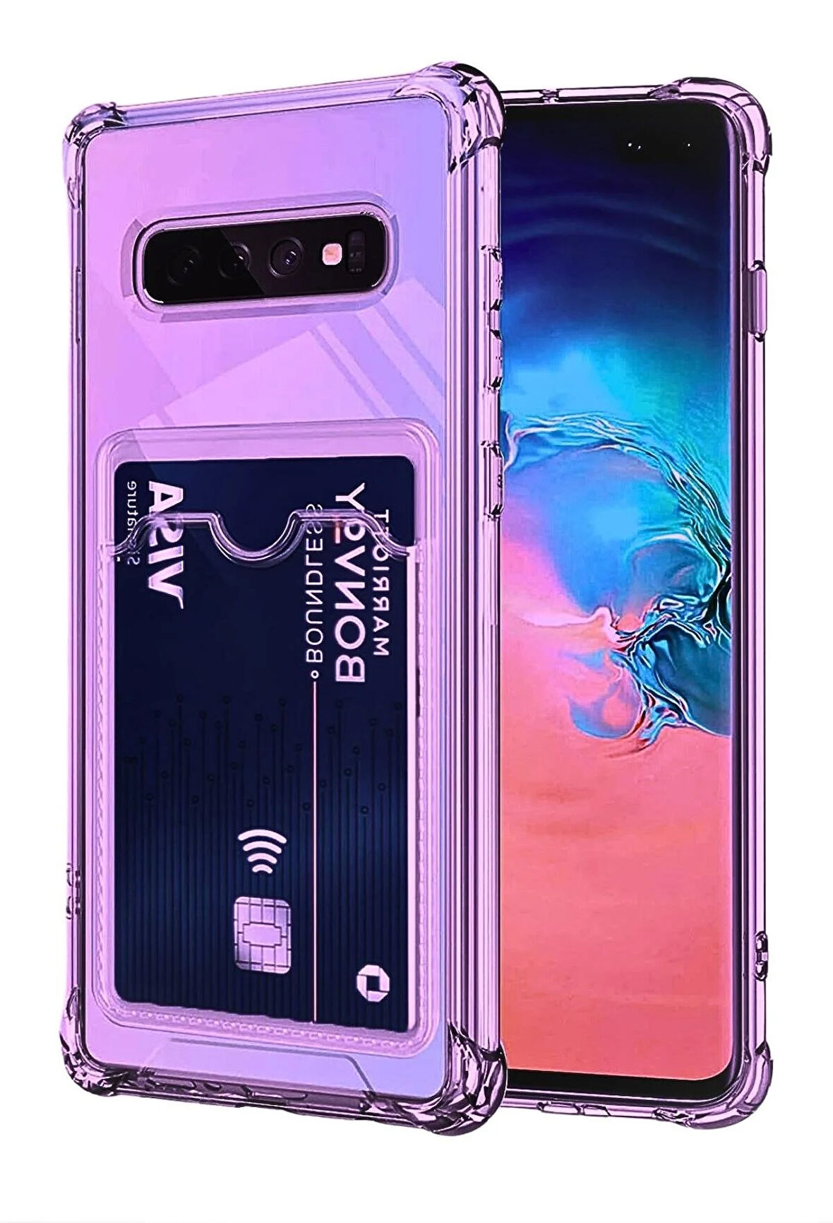 Samsung Galaxy S10 5G Kılıf Kartlıklı Cüzdanlı Şeffaf Silikon Kapak - Extra Güçlendirilmiş Kenar