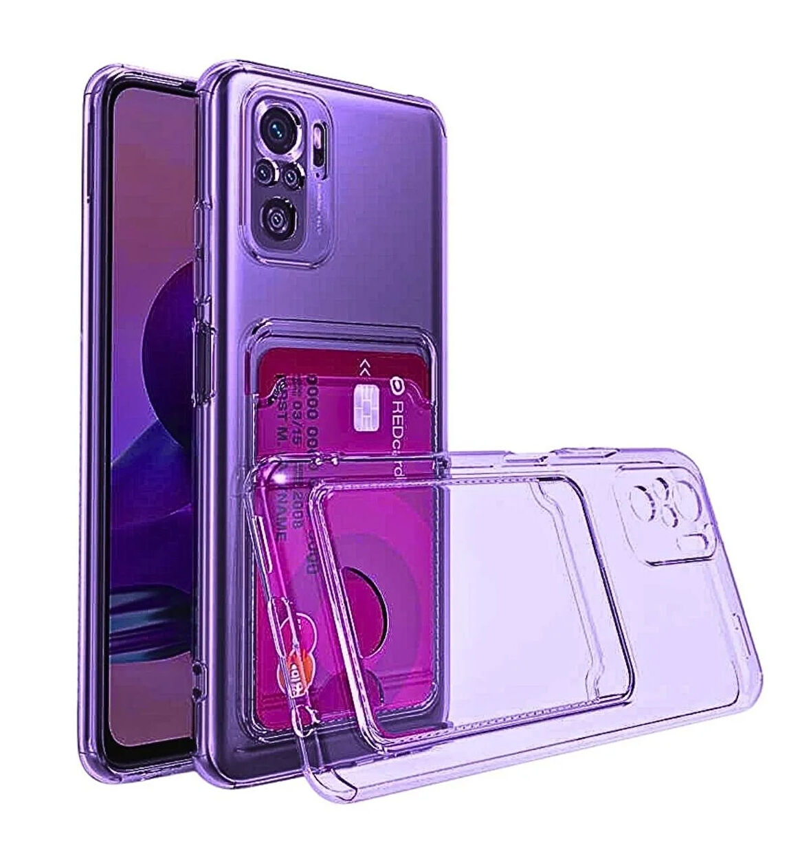 Redmi Note 10S Kılıf Kartlıklı Cüzdanlı Şeffaf Silikon Kapak - Extra Güçlendirilmiş Kenar