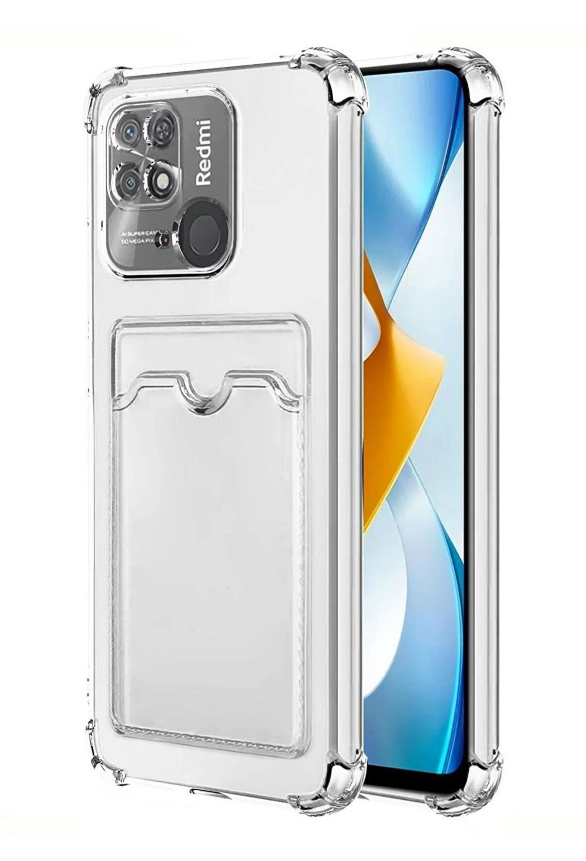 Redmi 10A Kılıf Kartlıklı Cüzdanlı Şeffaf Silikon Kapak - Extra Güçlendirilmiş Kenar