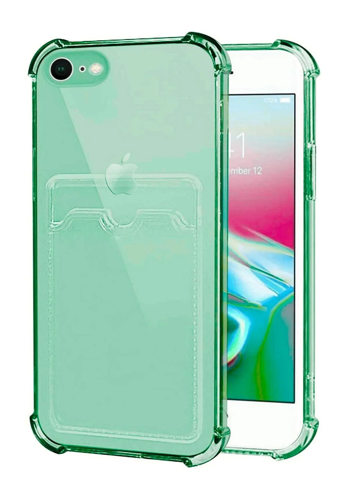 Apple iPhone 8 Kılıf Kartlıklı Cüzdanlı Şeffaf Silikon Kapak - Extra Güçlendirilmiş Kenar