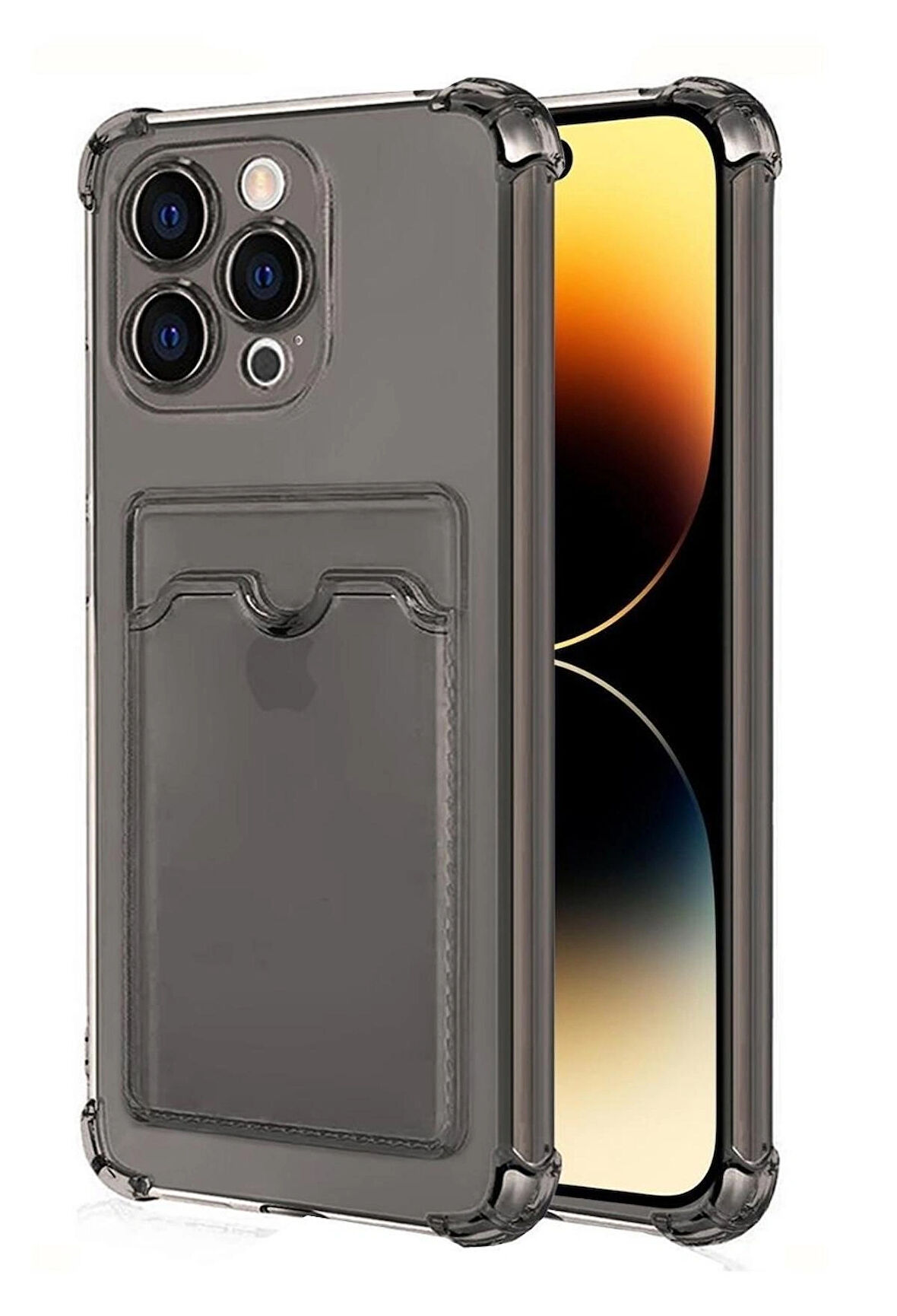Apple iPhone 16 Pro Max Kılıf Darbe Emici Köşe Korumalı Kartlıklı Cüzdanlı Silikon Kapak - Füme
