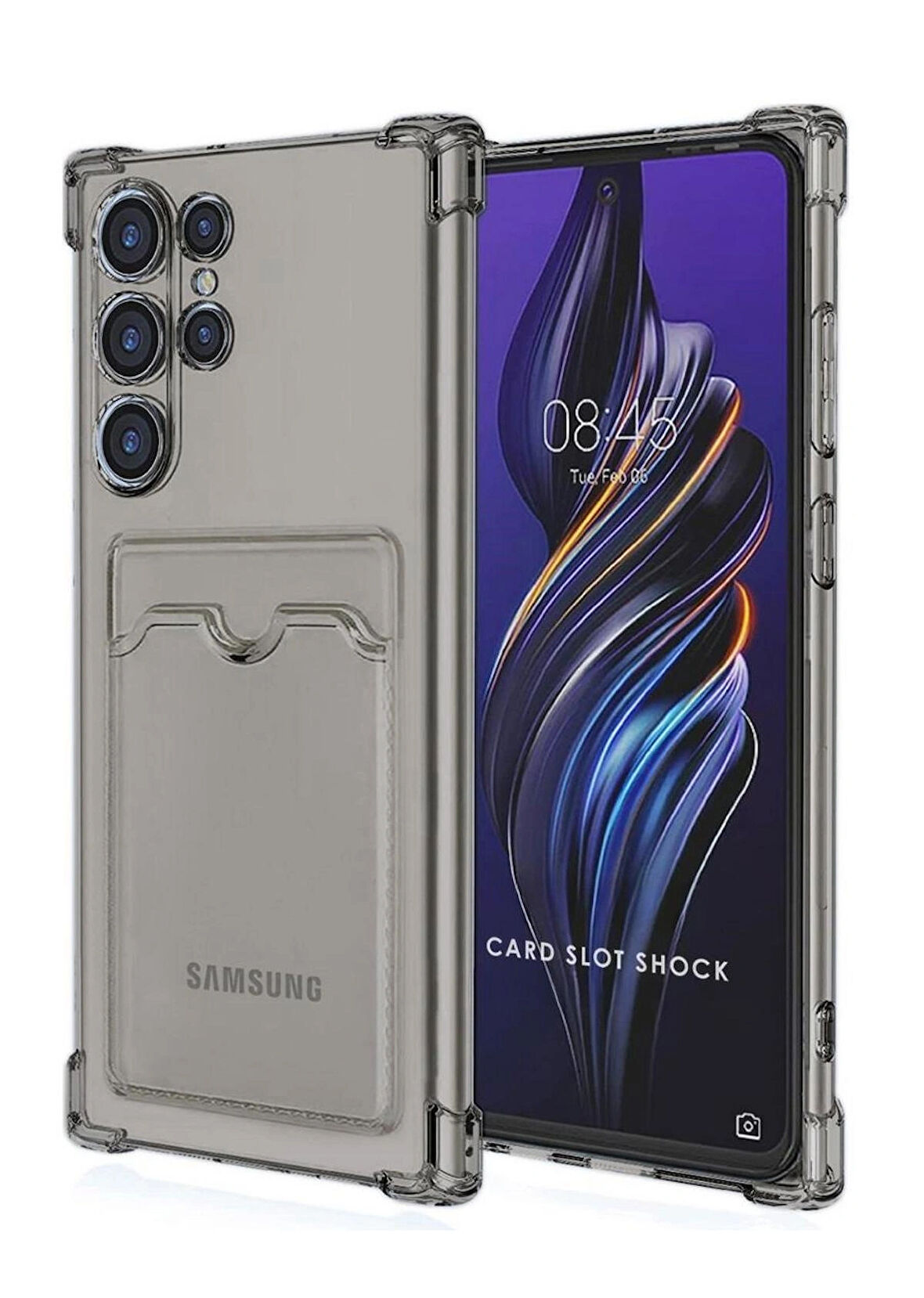 Samsung Galaxy S25 Ultra Kılıf Darbe Emici Köşe Korumalı Kartlıklı Cüzdanlı Silikon Kapak - Füme