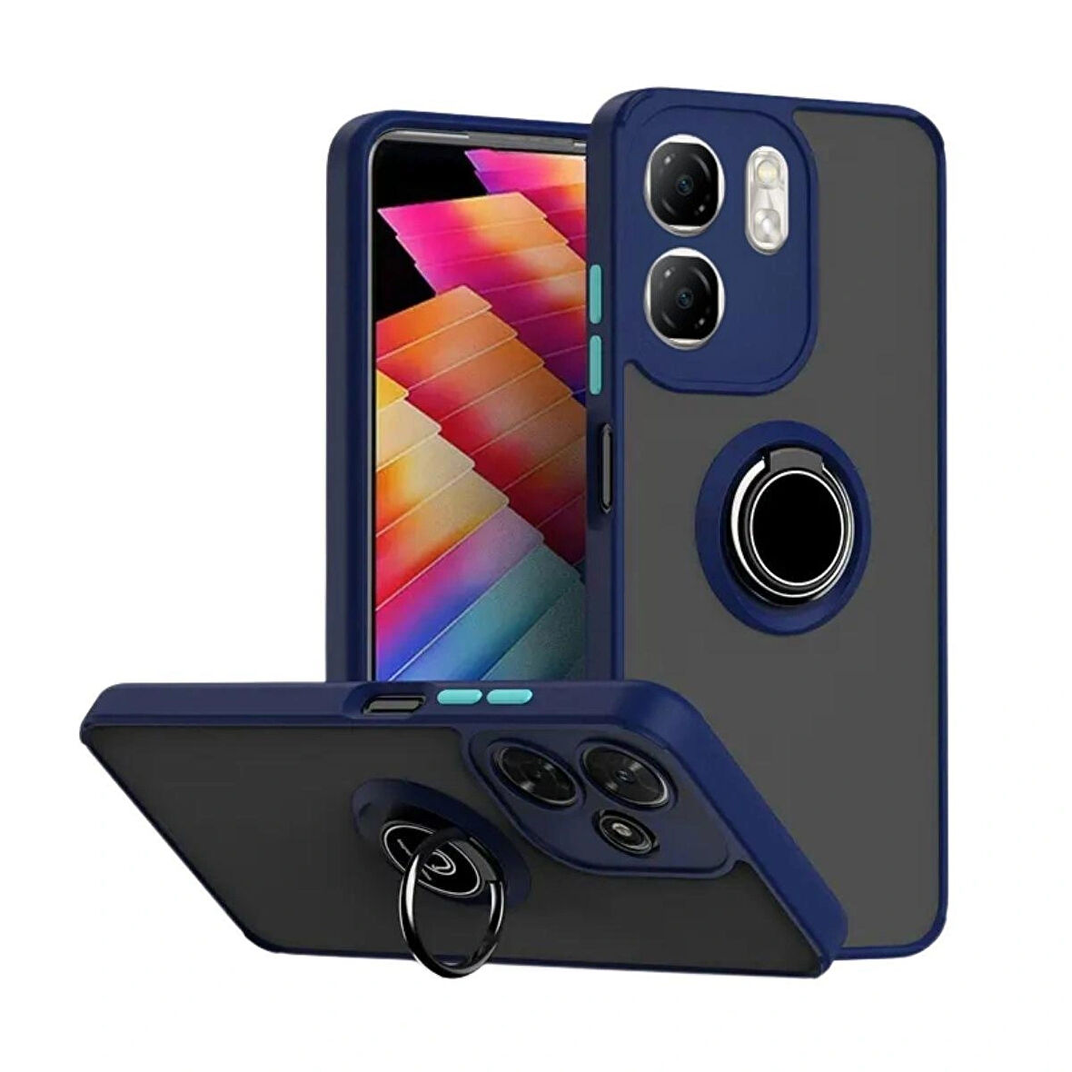 Infinix Hot 50i Uyumlu Kılıf Yüzüklü Standlı Extra Darbe Koruma Sert Silikon Kapak - Lacivert