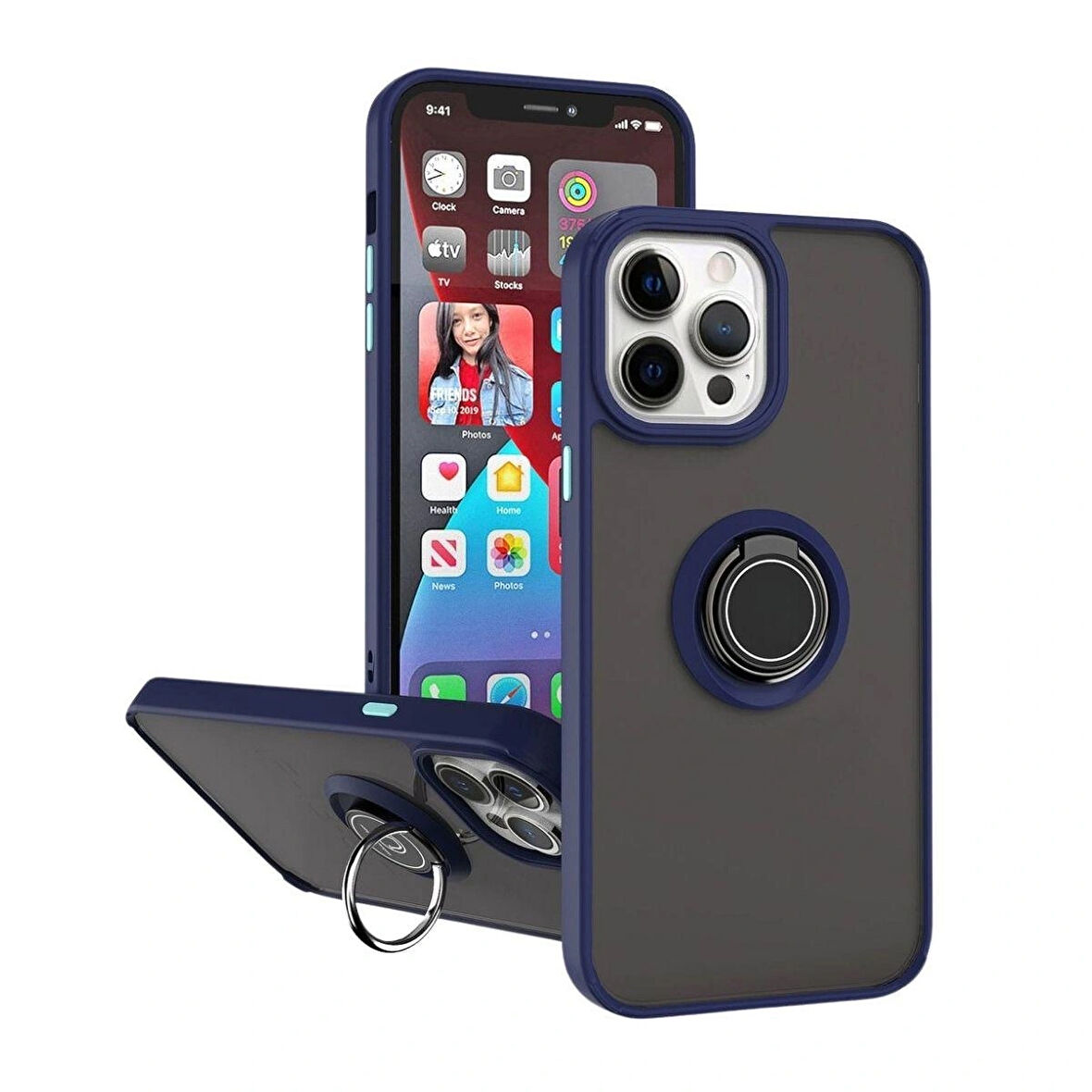 Apple iPhone 12 Pro Uyumlu Kılıf Yüzüklü Standlı Extra Darbe Koruma Sert Silikon Kapak - Lacivert