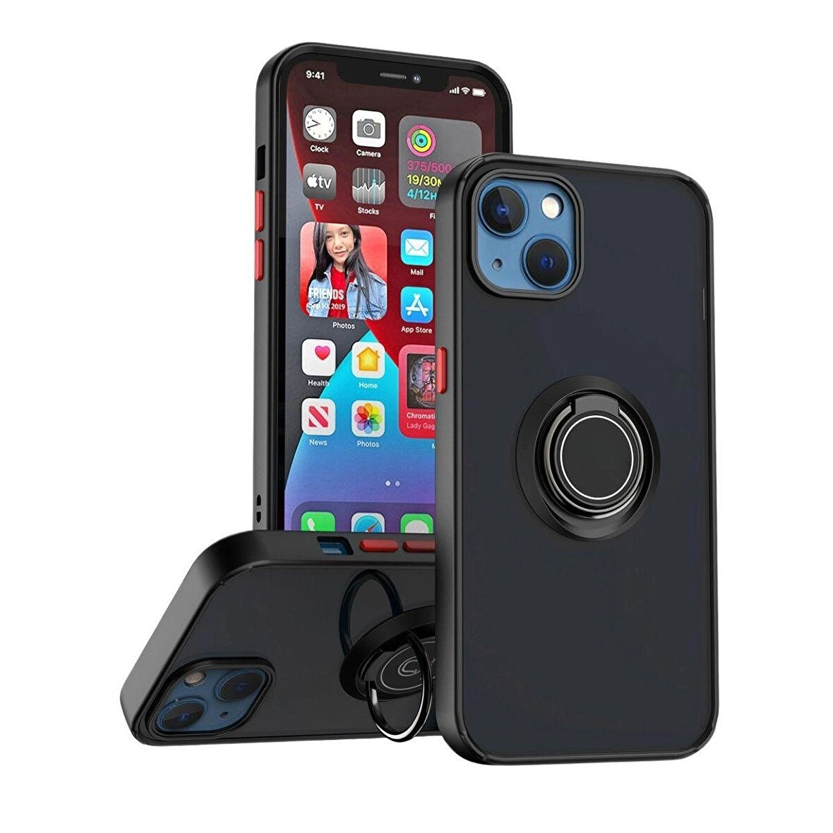 Apple iPhone 13 Uyumlu Kılıf Yüzüklü Standlı Extra Darbe Koruma Sert Silikon Kapak - Siyah