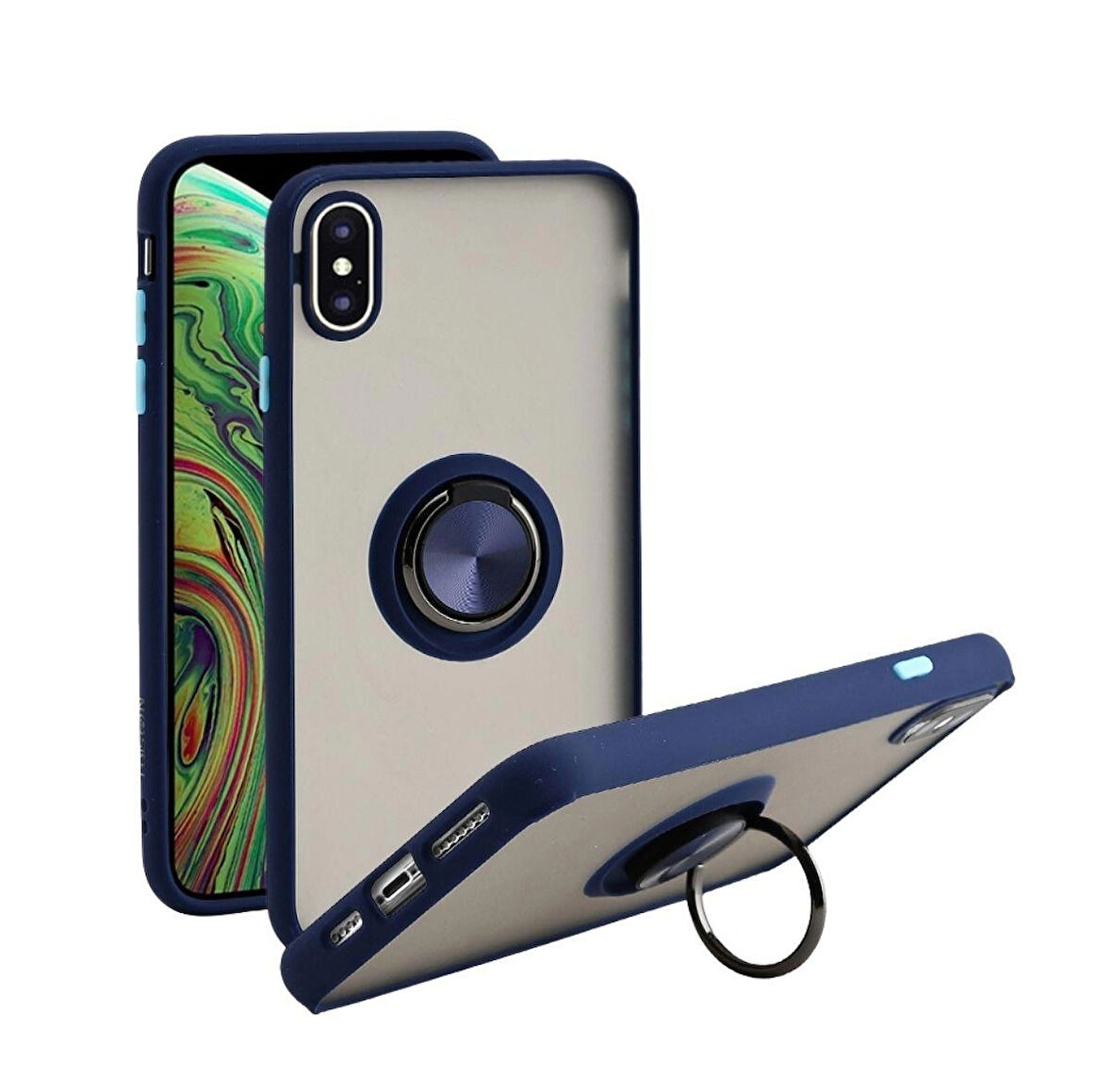Apple iPhone X Uyumlu Kılıf Yüzüklü Standlı Extra Darbe Koruma Sert Silikon Kapak - Lacivert