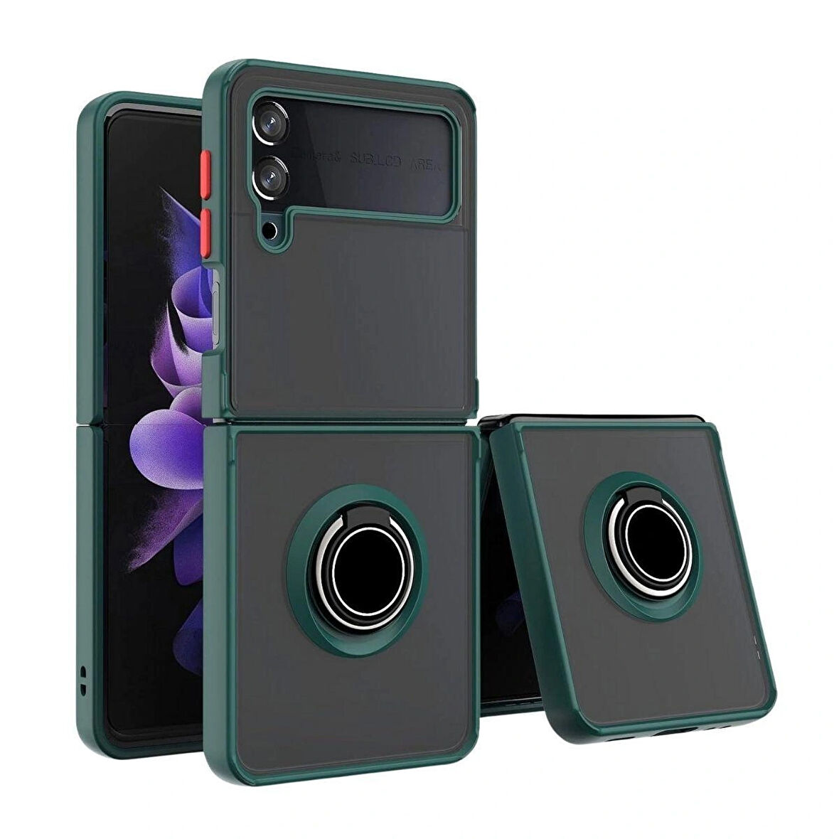 Samsung Galaxy Z Flip 4 Uyumlu Kılıf Yüzüklü Standlı Extra Darbe Koruma Sert Silikon Kapak - Yeşil