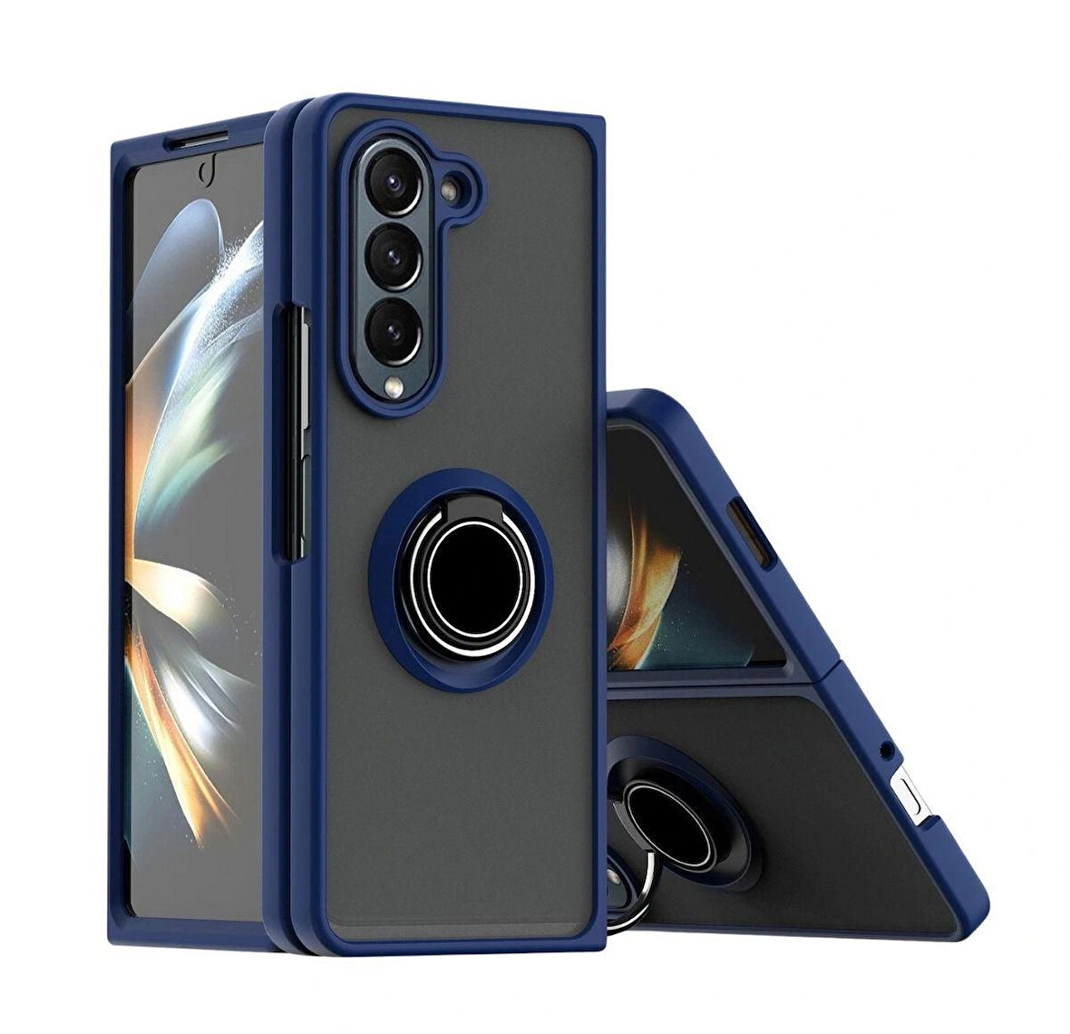 Samsung Galaxy Z Fold 5 Uyumlu Kılıf Yüzüklü Standlı Extra Darbe Koruma Sert Silikon Kapak - Lacivert