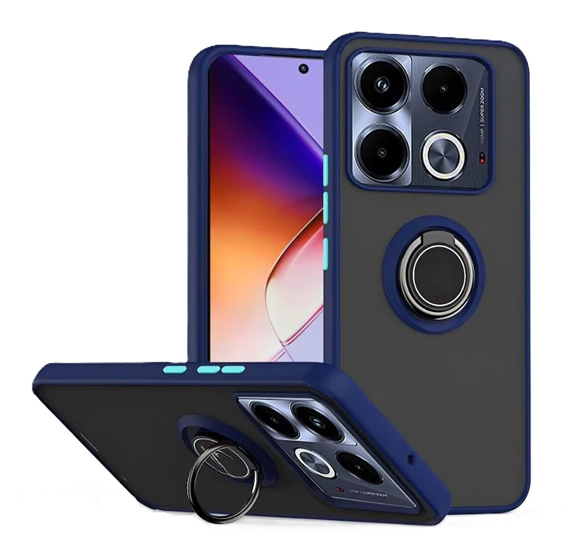 Infinix Note 40 Pro Plus 5G Kılıf Yüzüklü Standlı Extra Darbe Emici Sert Silikon Kapak-Lacivert