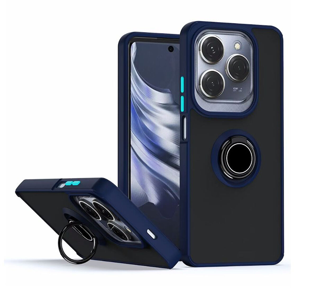 Tecno Spark 20 Pro Kılıf Yüzüklü Standlı Extra Darbe Emici Sert Silikon Kapak - Lacivert