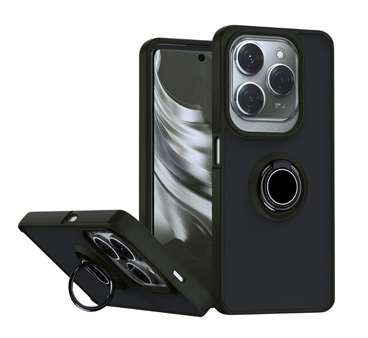 Tecno Spark 20 Pro Kılıf Yüzüklü Standlı Extra Darbe Emici Sert Silikon Kapak - Siyah