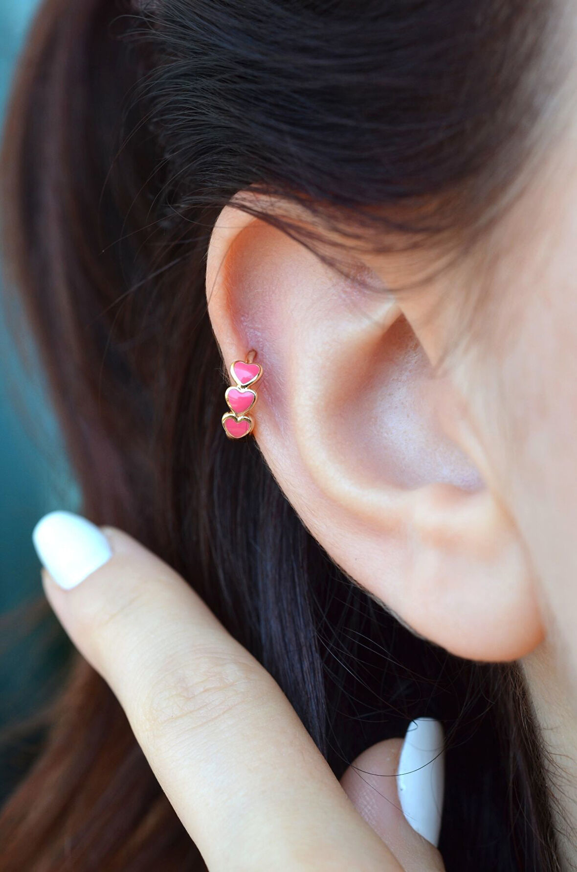 Sıralı Pembe Kalpli Helix Piercing Kıkırdak Küpesi Lob Tek Adet