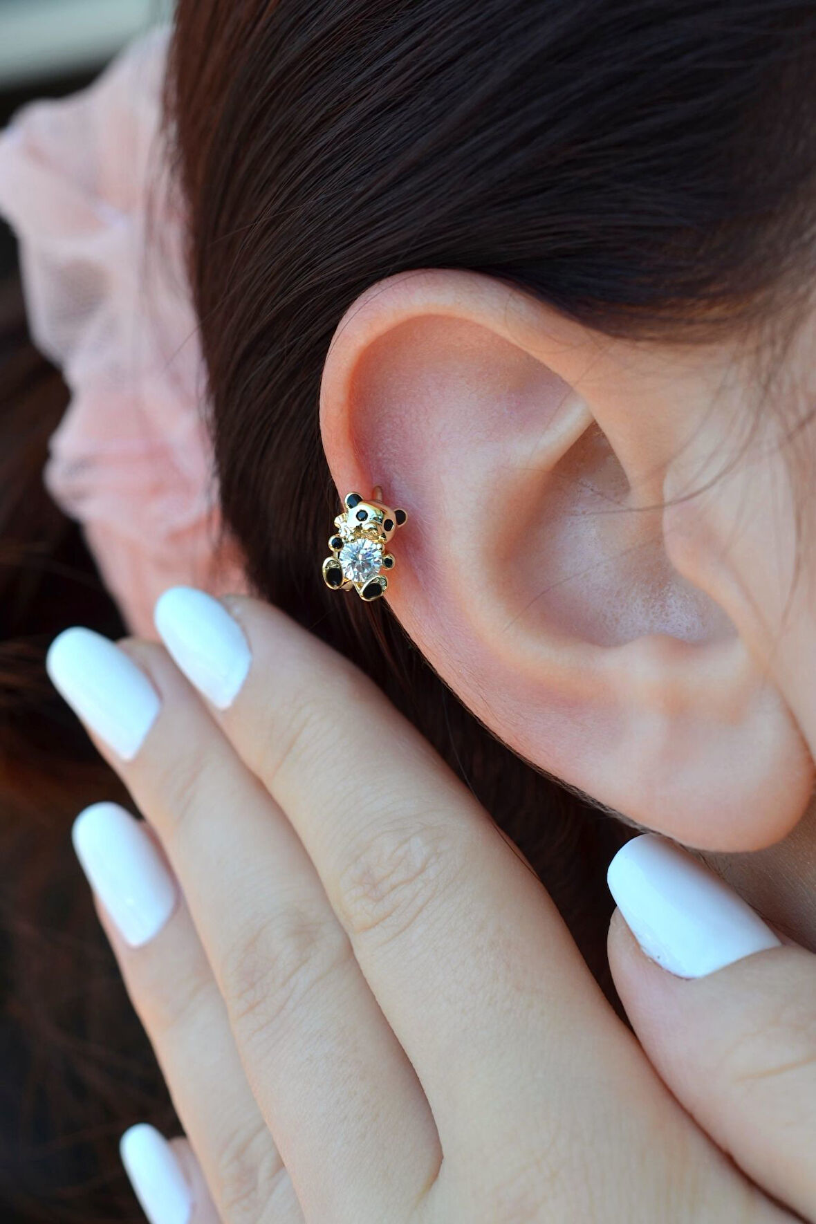 Zirkon Taşlı Ayıcık Helix Piercing Ayıcıklı Kıkırdak Lob Küpesi Tek Adet