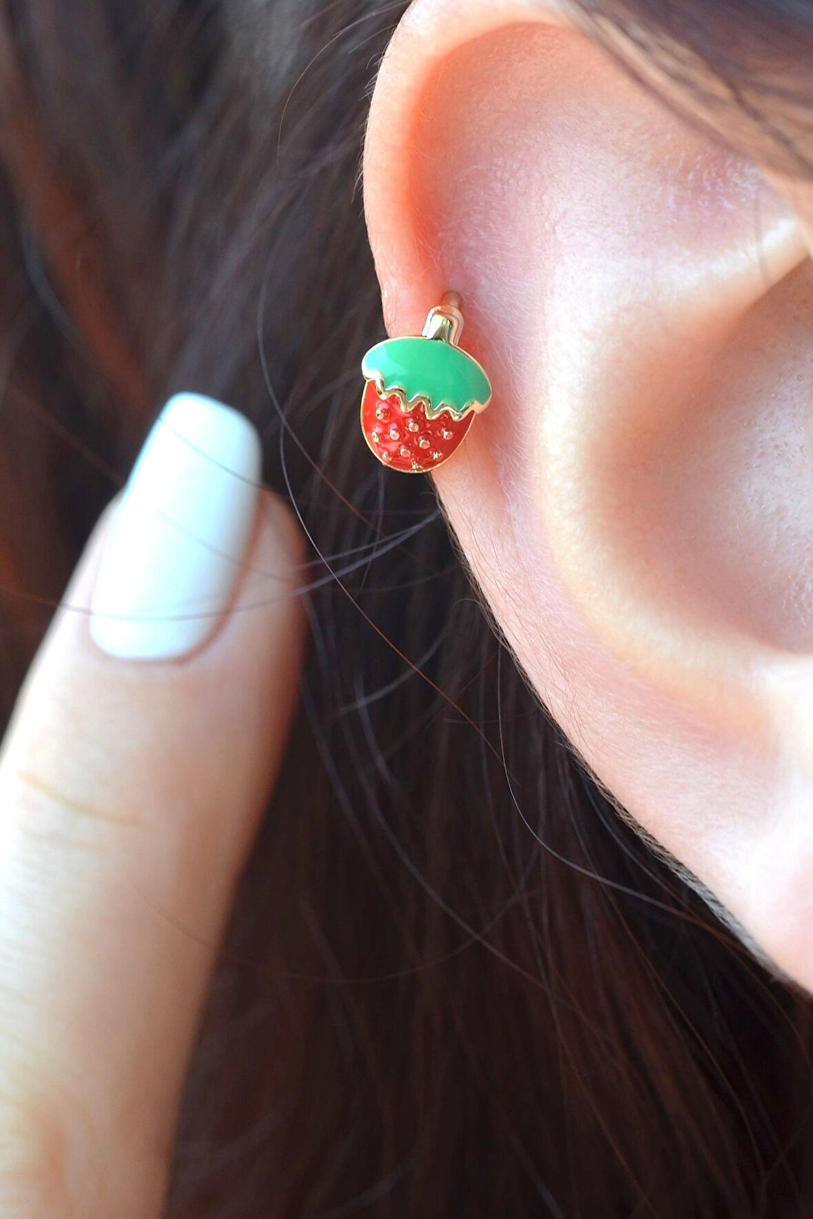 Kırmızı Çilek Helix Piercing Kıkırdak Lob Çilekli Küpe Tek Adet