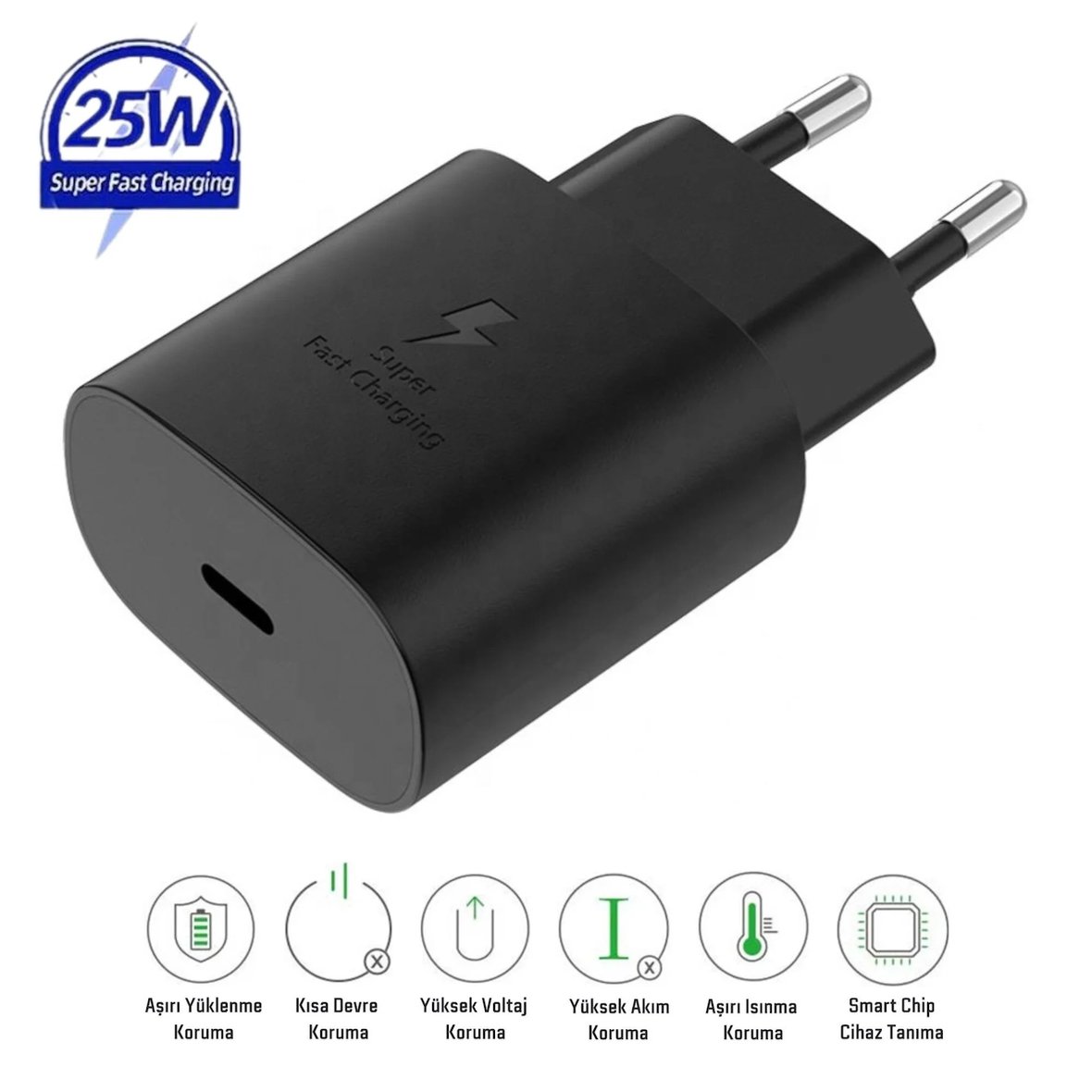 Samsung Galaxy S25 Ultra Uyumlu 25W Type-C Girişli Super Hızlı Şarj Cihazı Adaptör - İthalatçı Garantili - Siyah