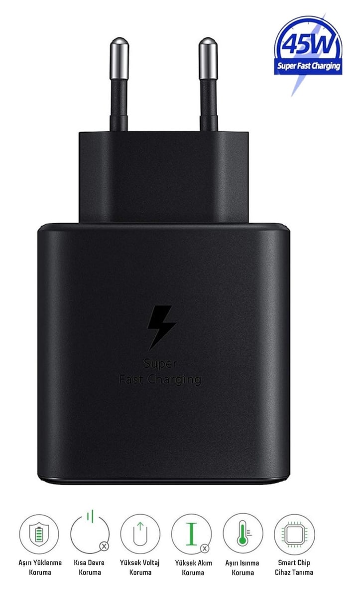 Samsung Galaxy Z Fold 7 Uyumlu 45W Type-C Girişli Super Hızlı Şarj Cihazı Adaptör - İthalatçı Garantili - Siyah