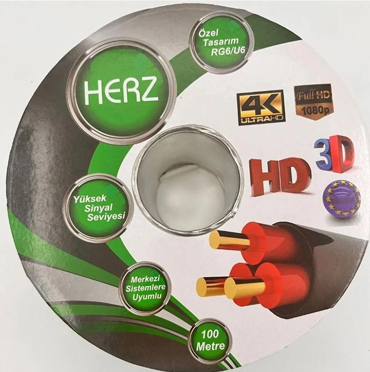 Herz HR-6002 RG6/U6 Uydu Anten Kablosu 100 Metre Kasnaklı Beyaz