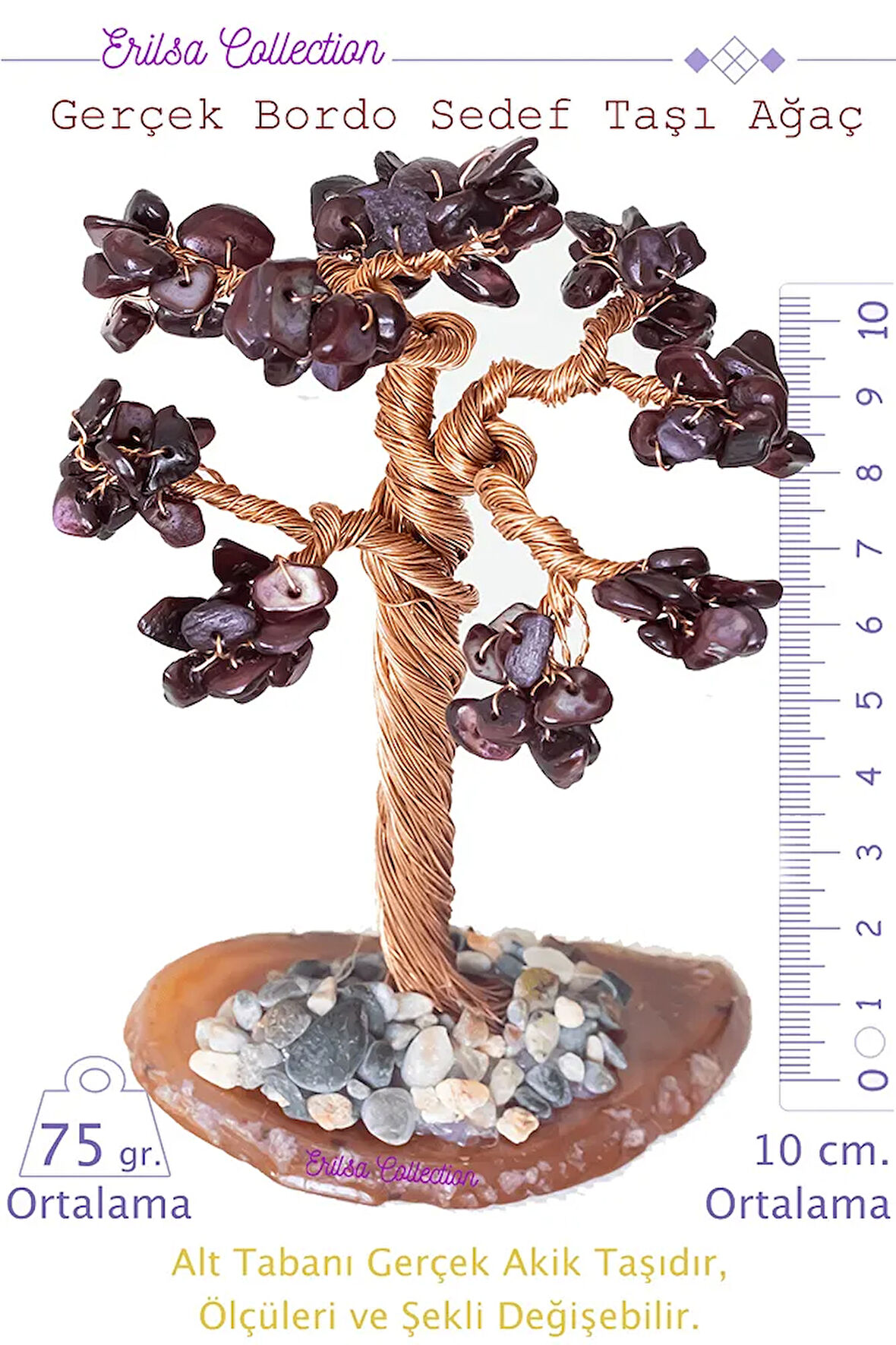 Sertifikalı Gerçek Bordo Sedef Doğal Taşı Ağaç - Akik Plakalı
